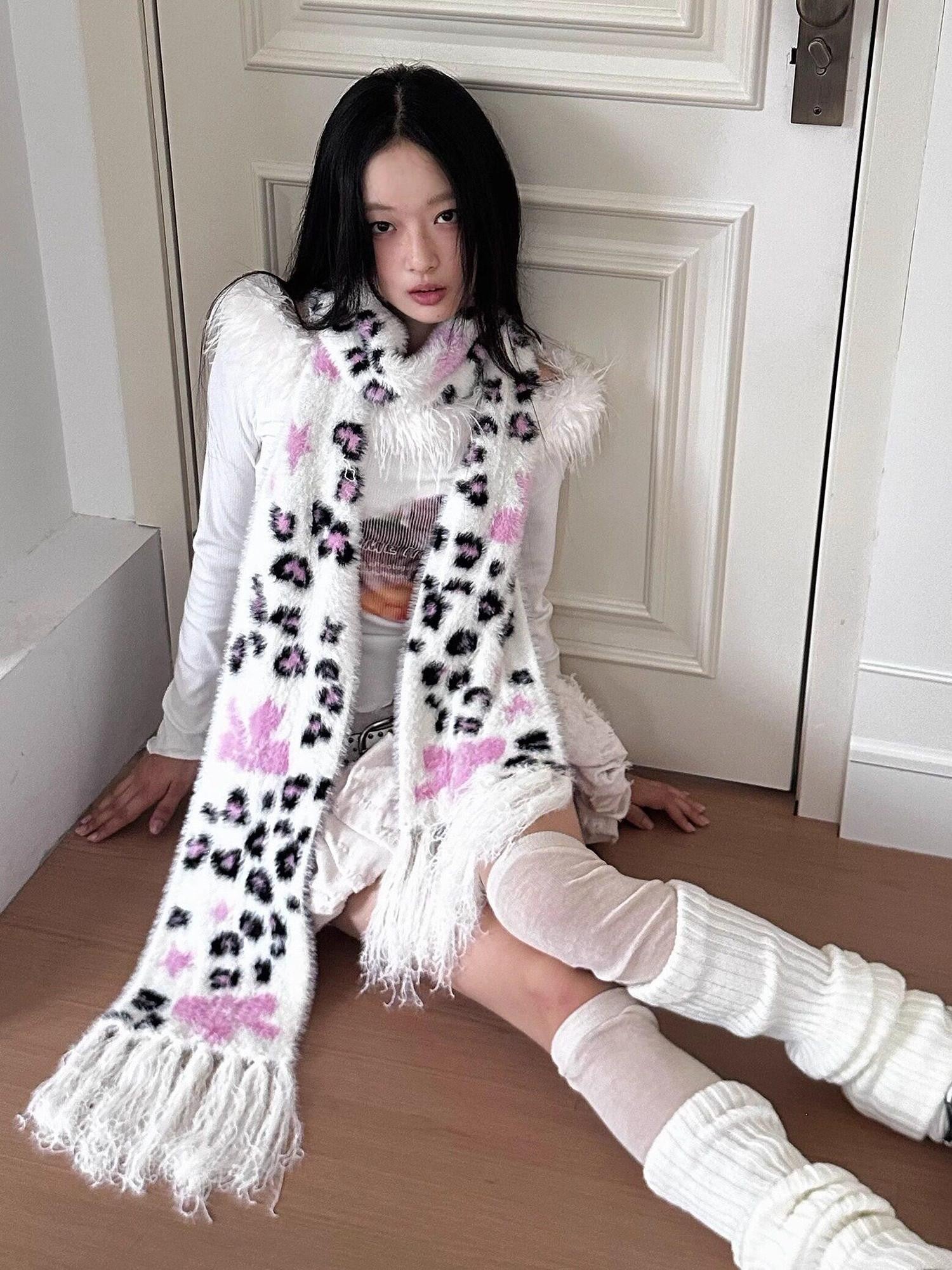No nuts Cute Bow Leopard Print Women's Faux Mink Knit Extra Long Warm Scarves & Shawls