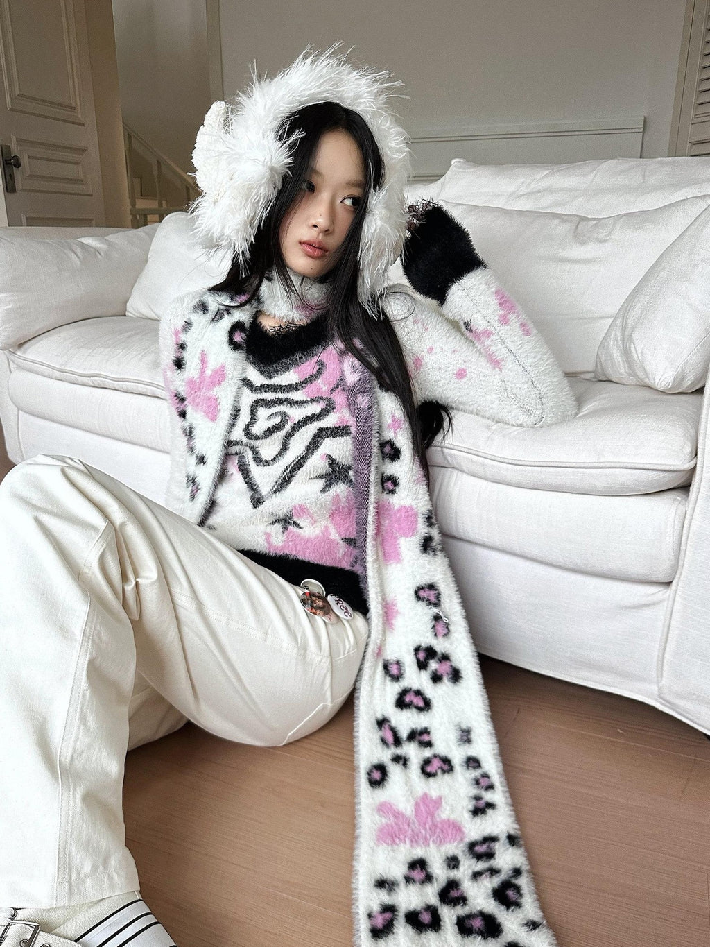 No nuts Cute Bow Leopard Print Women's Faux Mink Knit Extra Long Warm Scarves & Shawls
