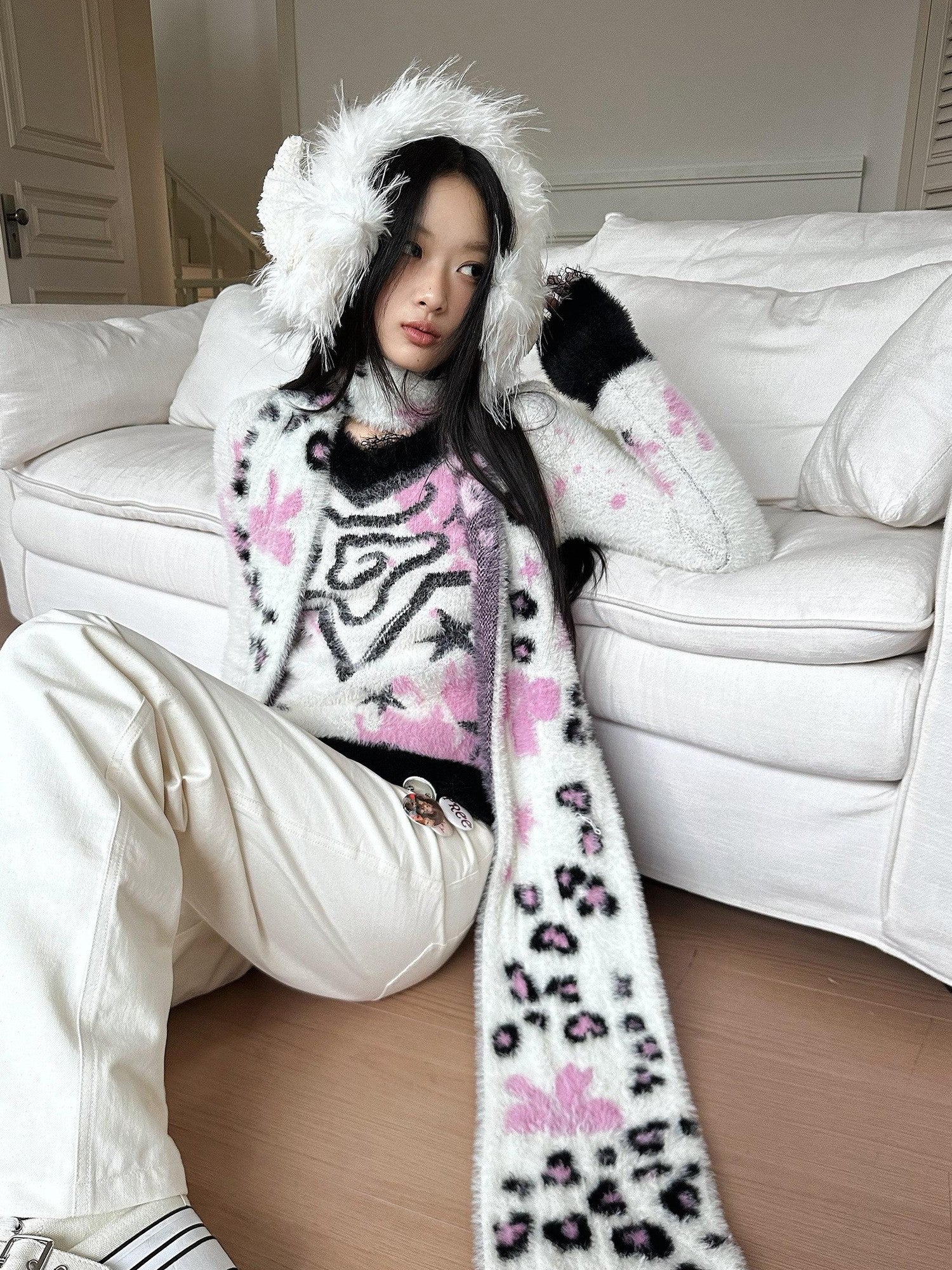 No nuts Cute Bow Leopard Print Women's Faux Mink Knit Extra Long Warm Scarves & Shawls