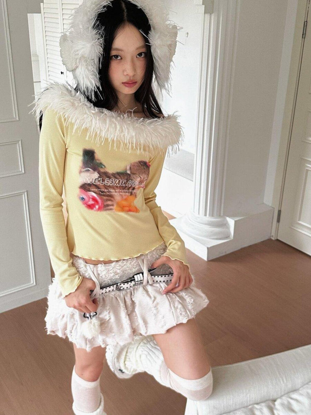 No nuts Cute Cat Print Fuzzy Collar Slim Knit Women's Viscose Long Sleeve T-shirts