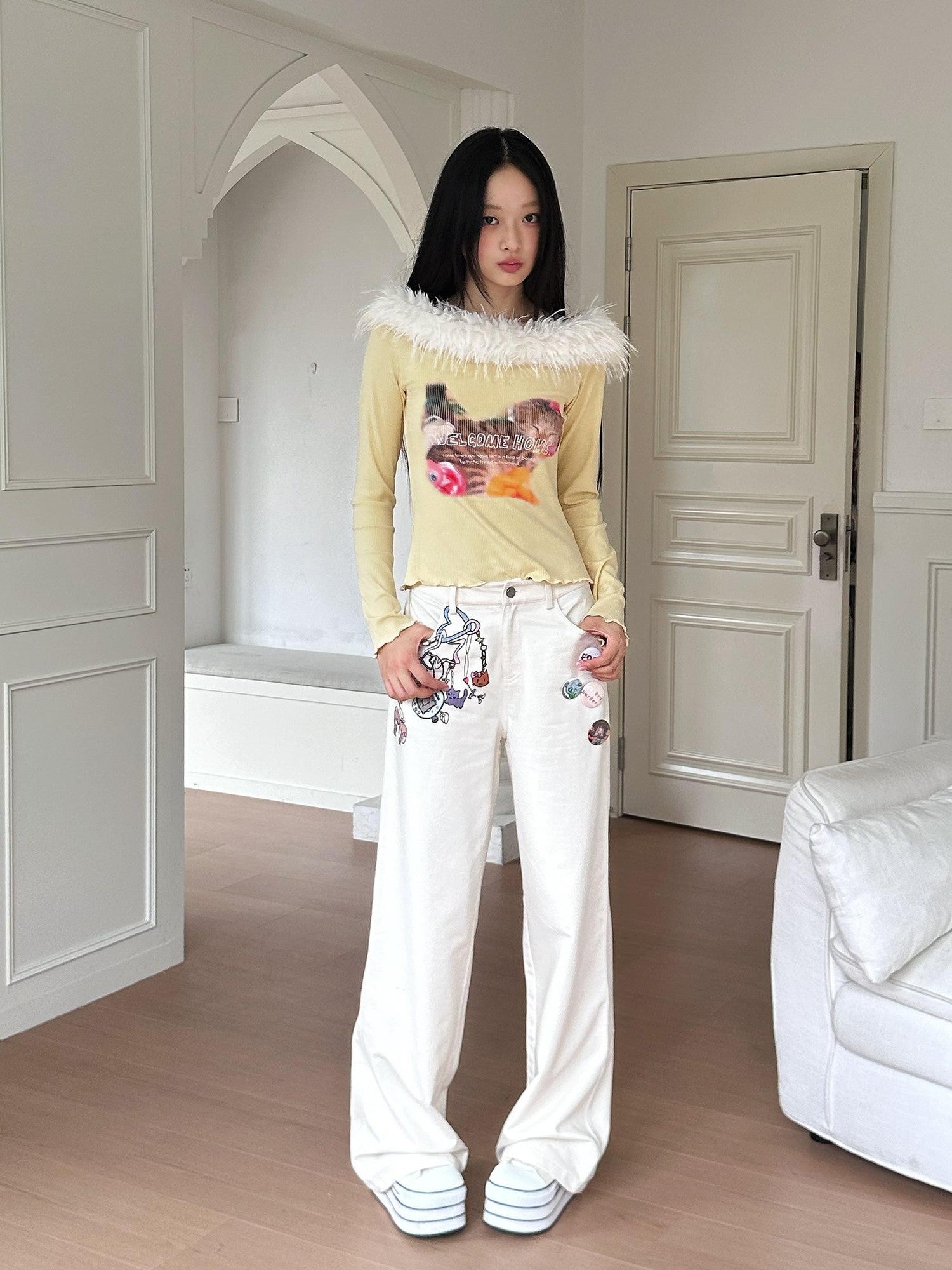 No nuts Cute Cat Print Fuzzy Collar Slim Knit Women's Viscose Long Sleeve T-shirts