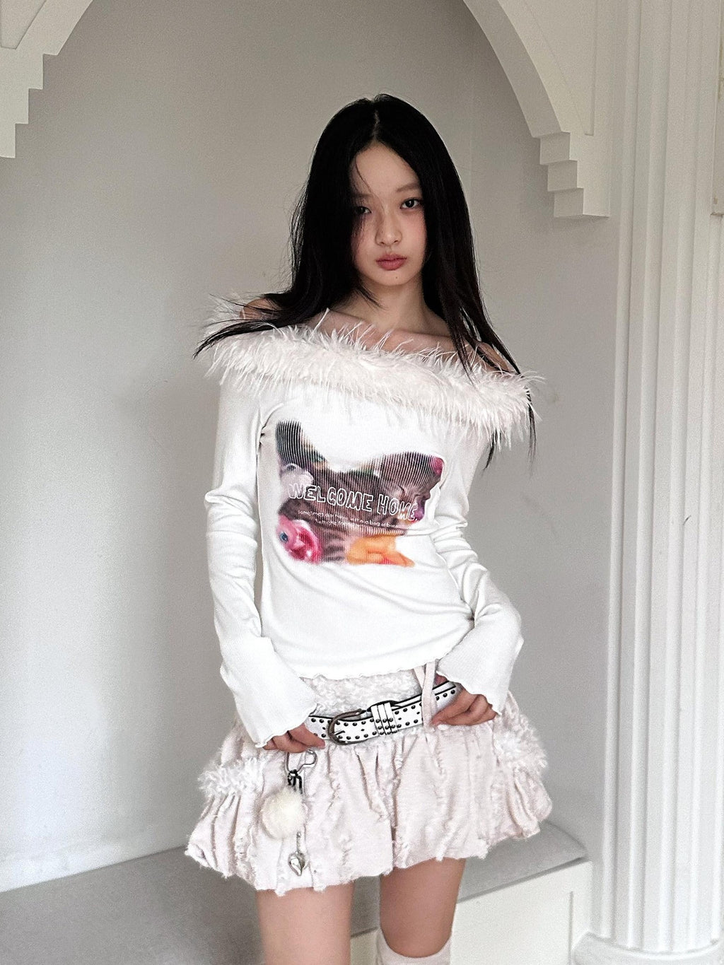 No nuts Cute Cat Print Fuzzy Collar Slim Knit Women's Viscose Long Sleeve T-shirts