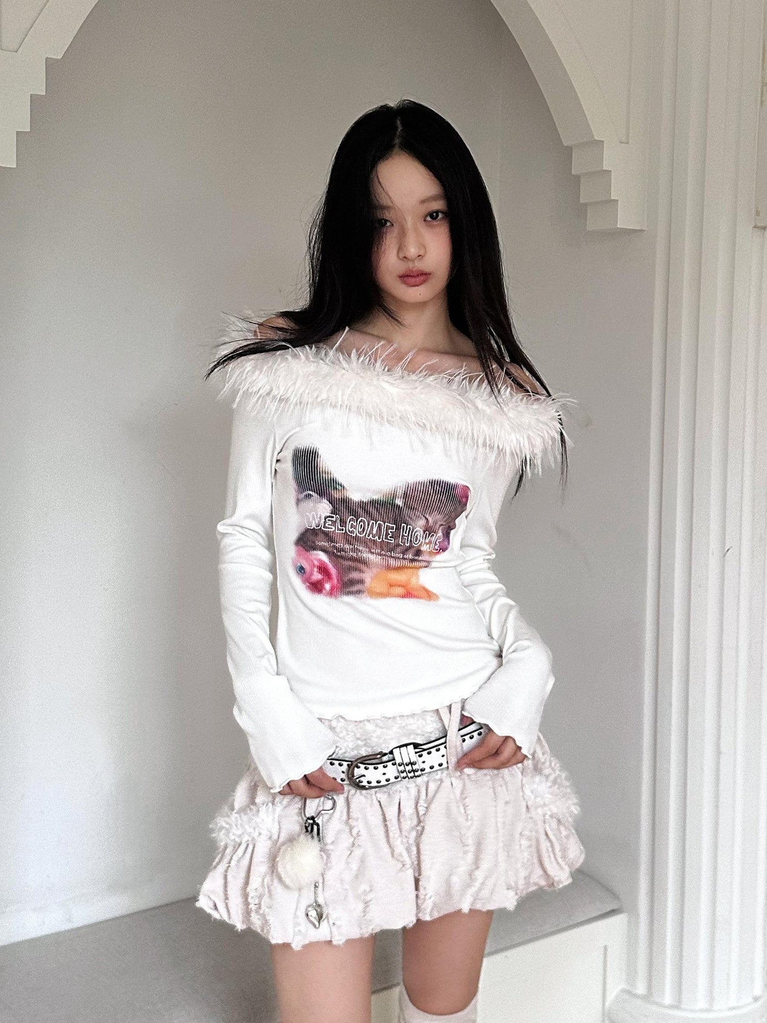 No nuts Cute Cat Print Fuzzy Collar Slim Knit Women's Viscose Long Sleeve T-shirts