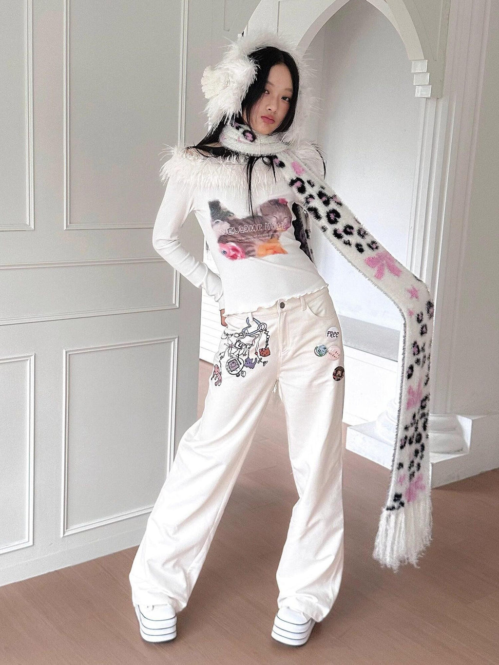 No nuts Cute Cat Print Fuzzy Collar Slim Knit Women's Viscose Long Sleeve T-shirts
