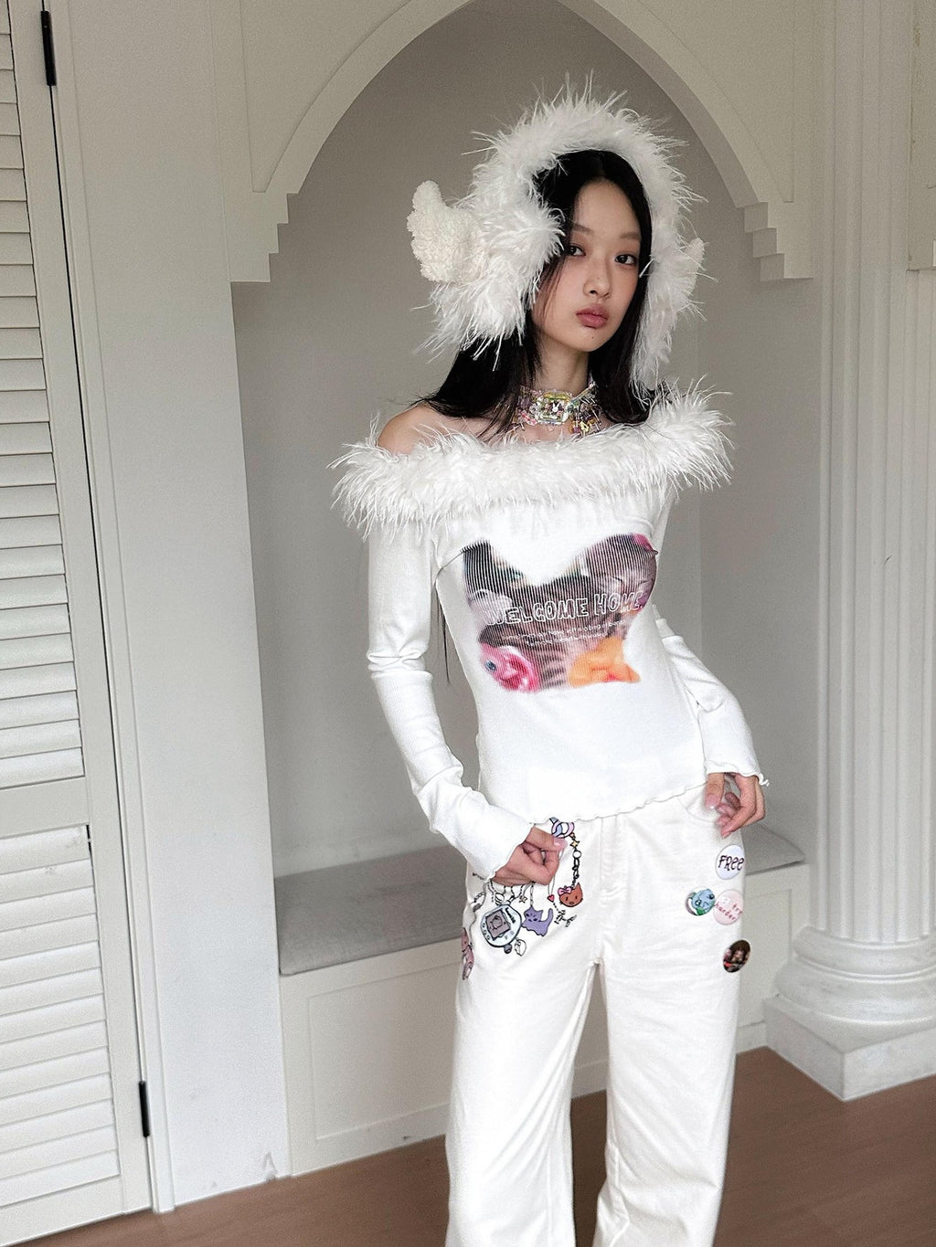 No nuts Cute Cat Print Fuzzy Collar Slim Knit Women's Viscose Long Sleeve T-shirts
