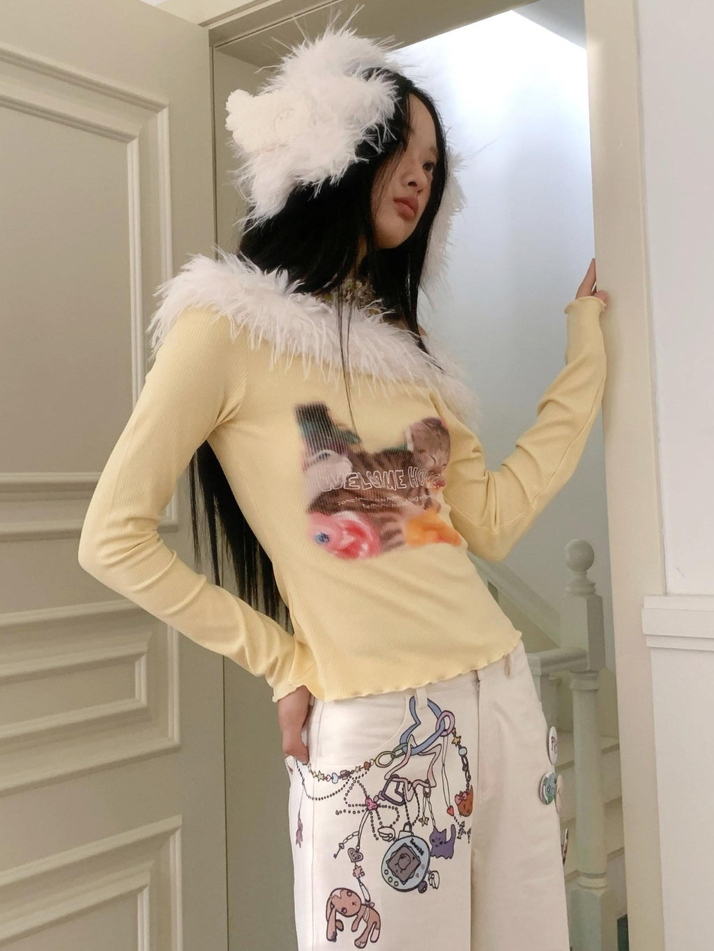 No nuts Cute Cat Print Fuzzy Collar Slim Knit Women's Viscose Long Sleeve T-shirts