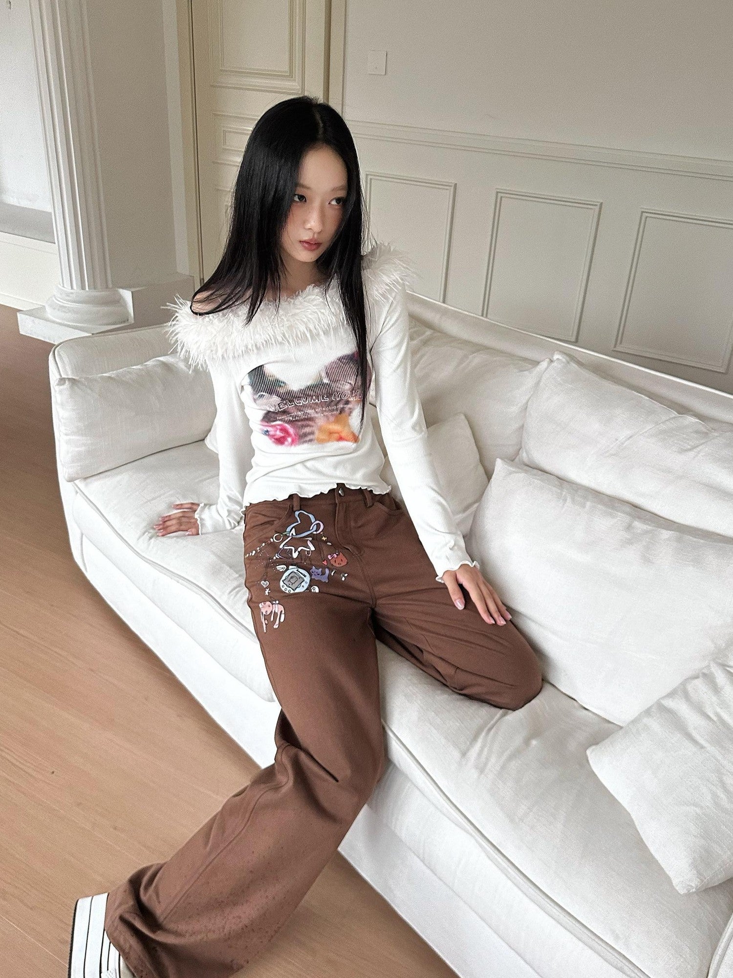 No nuts Cute Cat Print Fuzzy Collar Slim Knit Women's Viscose Long Sleeve T-shirts