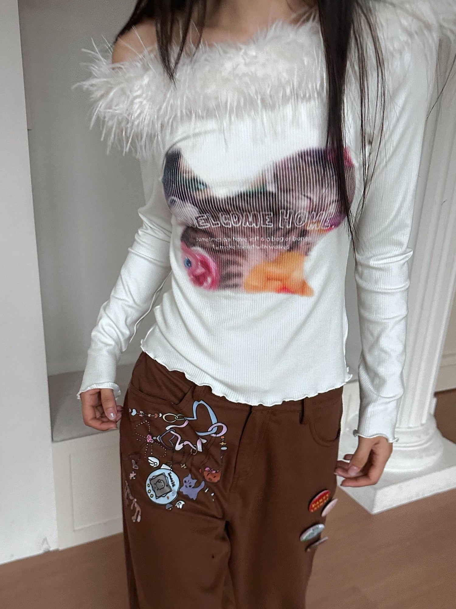 No nuts Cute Cat Print Fuzzy Collar Slim Knit Women's Viscose Long Sleeve T-shirts
