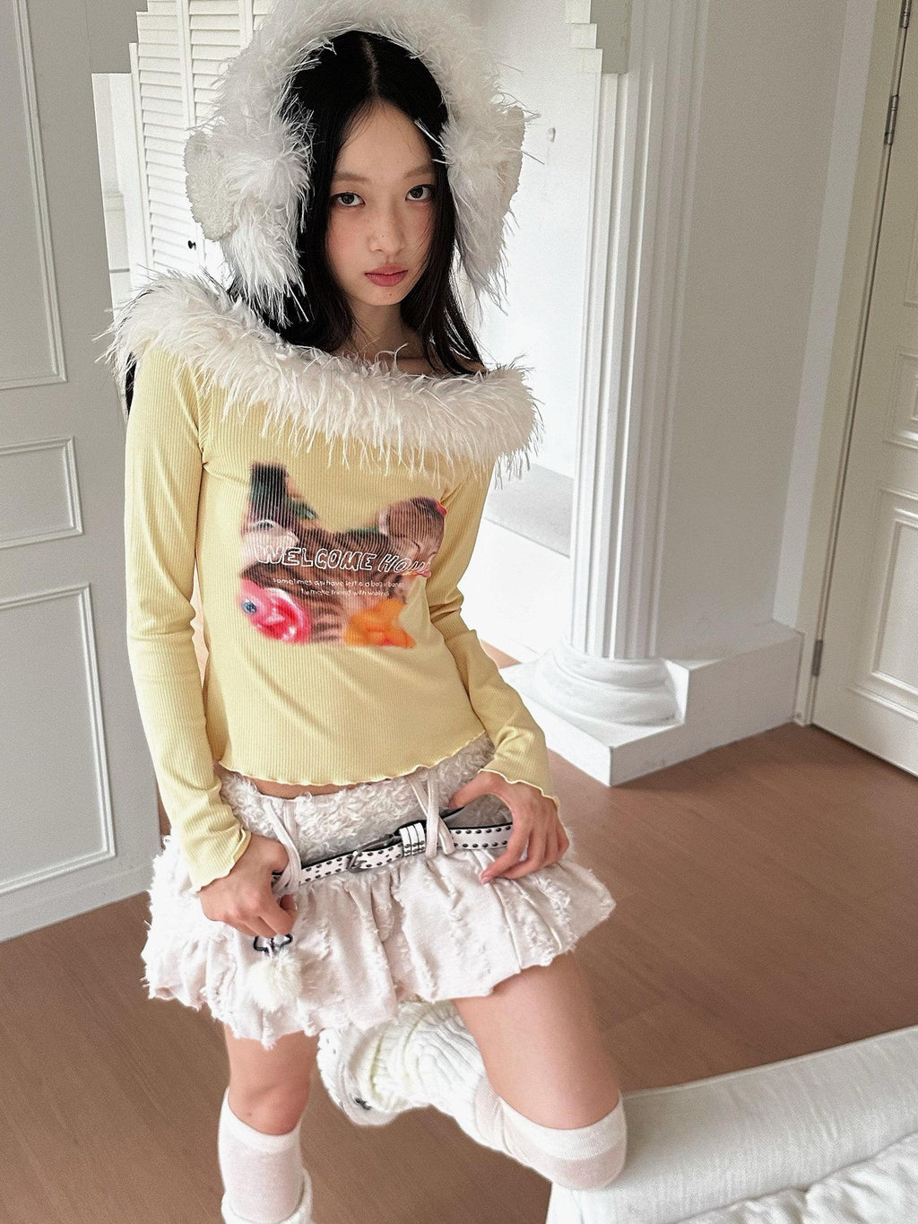 No nuts Cute Cat Print Fuzzy Collar Slim Knit Women's Viscose Long Sleeve T-shirts