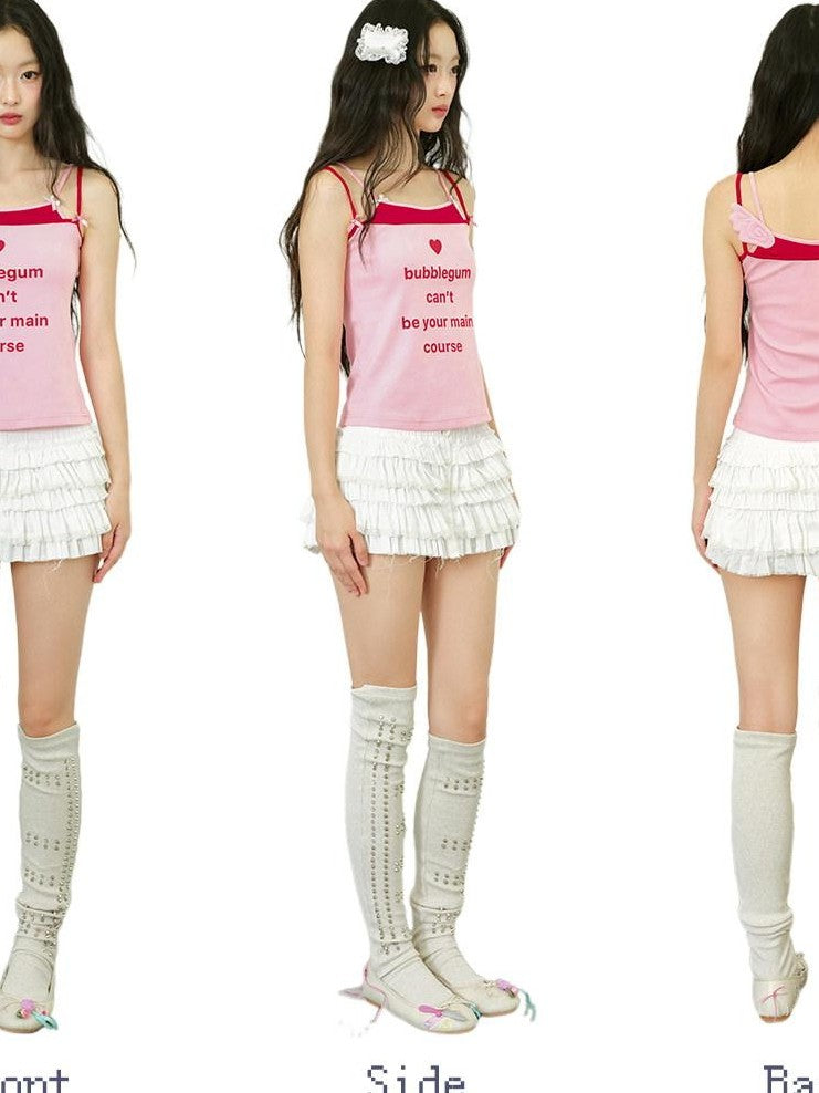 No nuts Cute Wing Colorblock Bow Print Faux Two Piece Women's Cotton Blend Camisoles