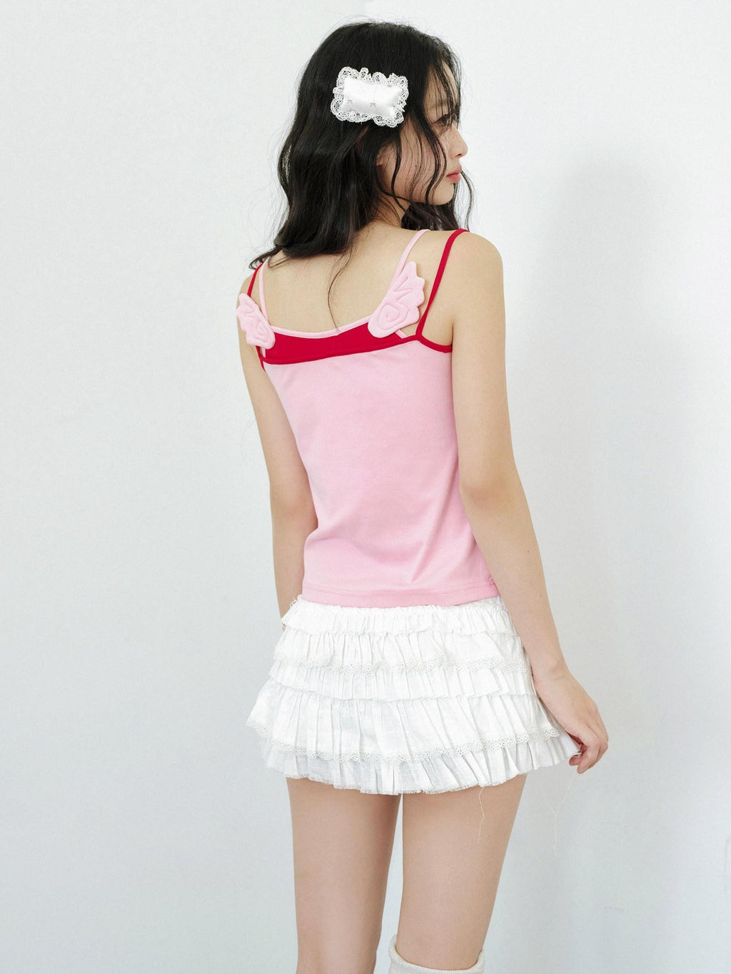 No nuts Cute Wing Colorblock Bow Print Faux Two Piece Women's Cotton Blend Camisoles