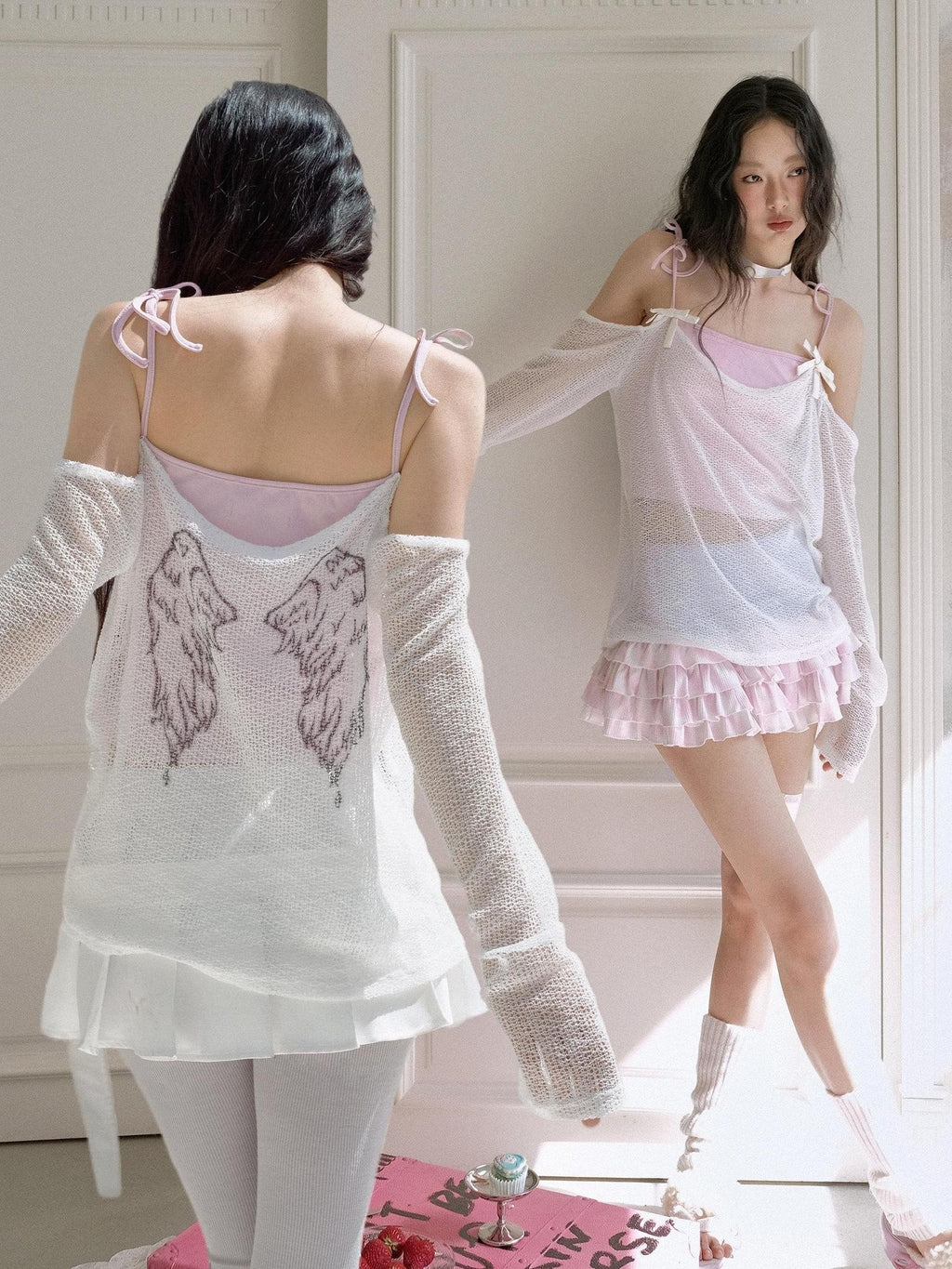No nuts Cute Wing Mesh Bow Straight Neck Dropped Shoulder Women's Cotton Knit Camisoles