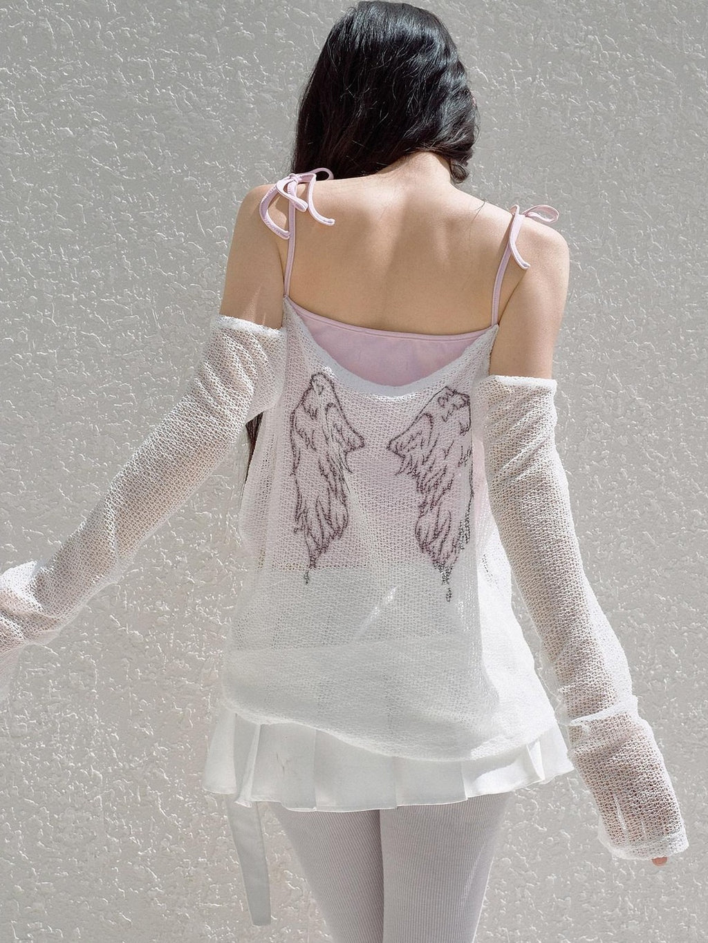 No nuts Cute Wing Mesh Bow Straight Neck Dropped Shoulder Women's Cotton Knit Camisoles