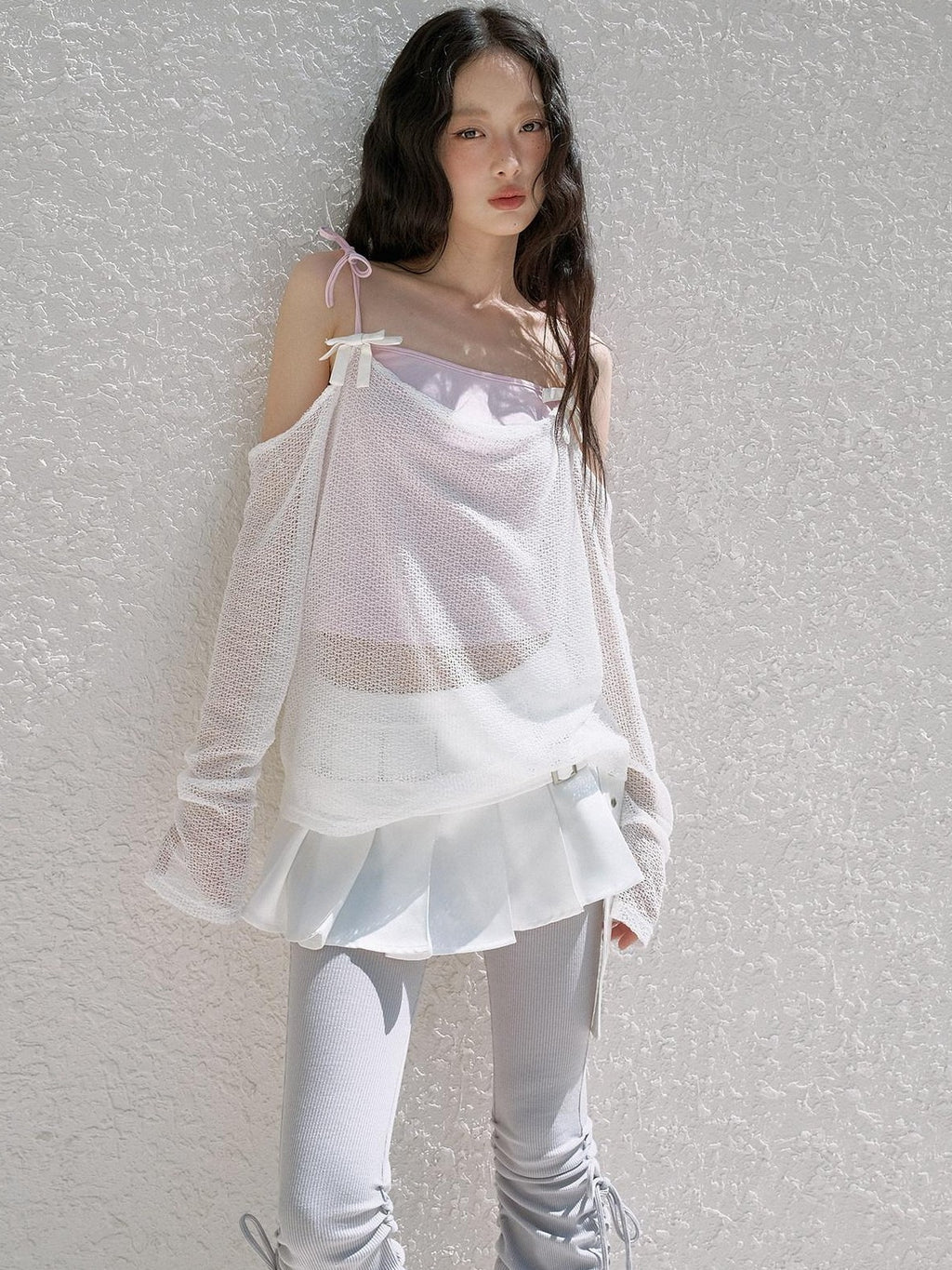 No nuts Cute Wing Mesh Bow Straight Neck Dropped Shoulder Women's Cotton Knit Camisoles