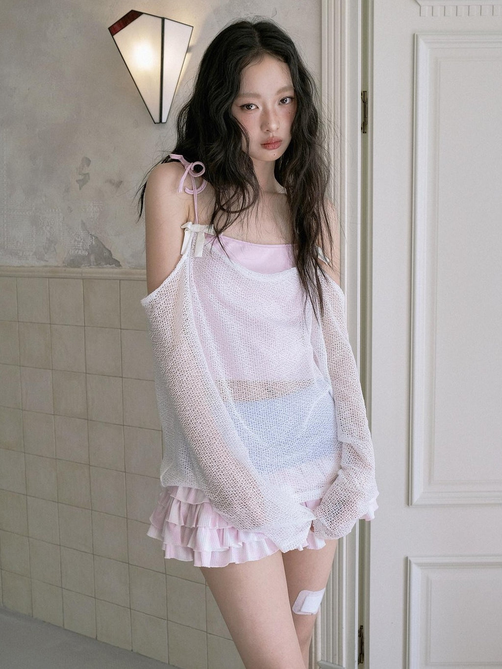 No nuts Cute Wing Mesh Bow Straight Neck Dropped Shoulder Women's Cotton Knit Camisoles