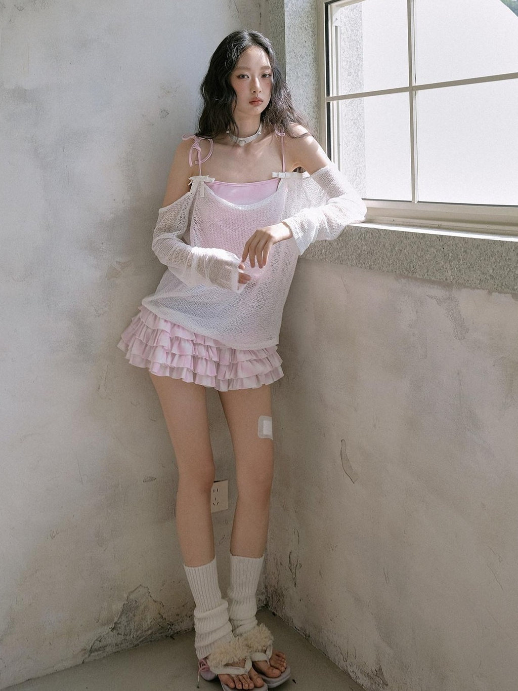 No nuts Cute Wing Mesh Bow Straight Neck Dropped Shoulder Women's Cotton Knit Camisoles