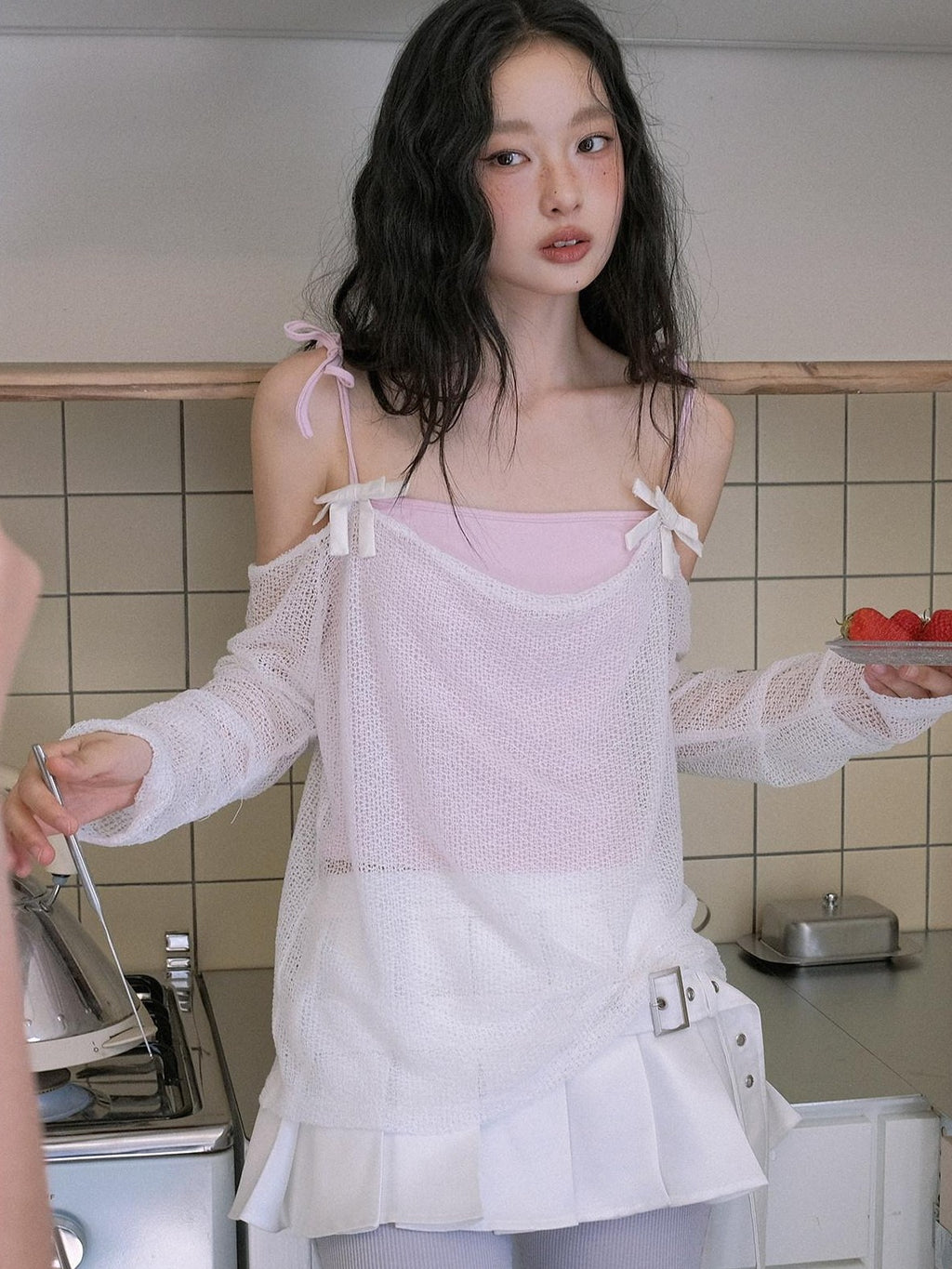 No nuts Cute Wing Mesh Bow Straight Neck Dropped Shoulder Women's Cotton Knit Camisoles