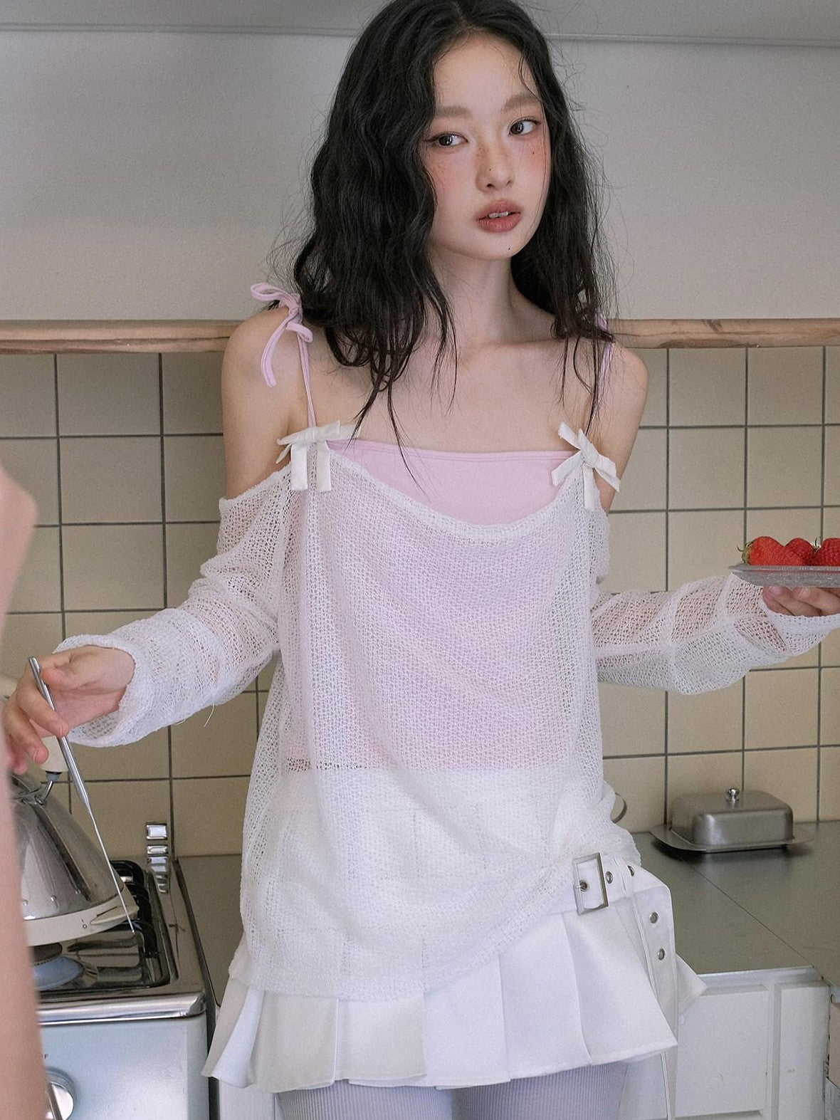 No nuts Cute Wing Mesh Bow Straight Neck Dropped Shoulder Women's Cotton Knit Camisoles
