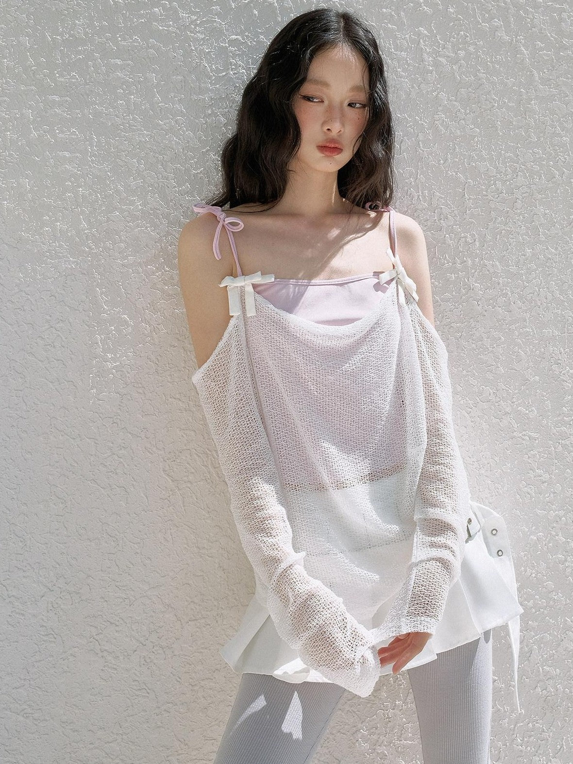 No nuts Cute Wing Mesh Bow Straight Neck Dropped Shoulder Women's Cotton Knit Camisoles