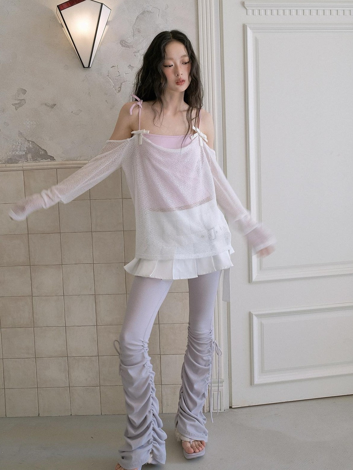 No nuts Cute Wing Mesh Bow Straight Neck Dropped Shoulder Women's Cotton Knit Camisoles