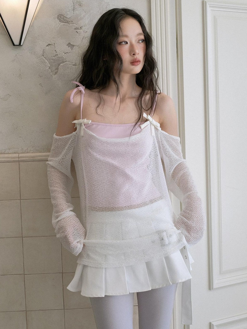 No nuts Cute Wing Mesh Bow Straight Neck Dropped Shoulder Women's Cotton Knit Camisoles