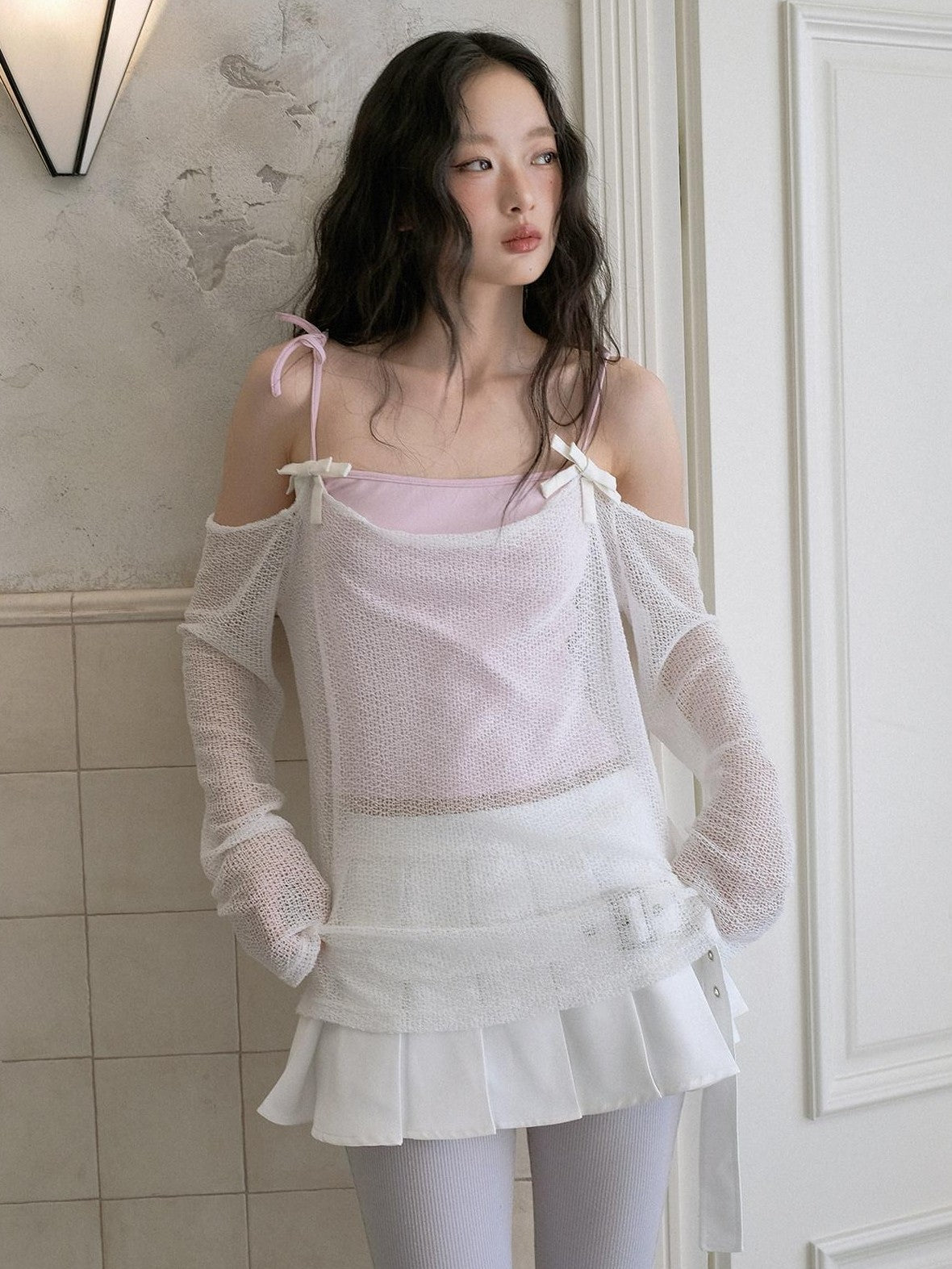 No nuts Cute Wing Mesh Bow Straight Neck Dropped Shoulder Women's Cotton Knit Camisoles