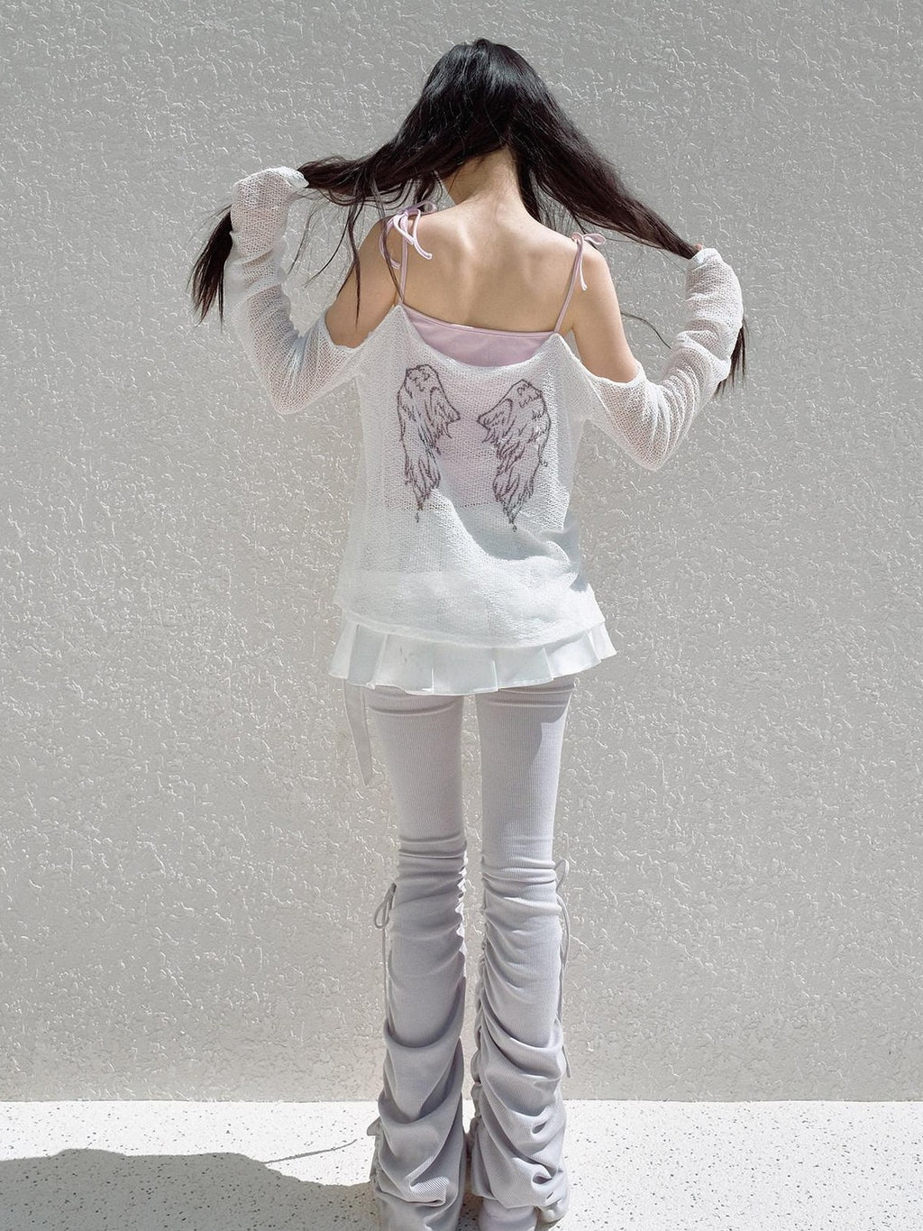 No nuts Cute Wing Mesh Bow Straight Neck Dropped Shoulder Women's Cotton Knit Camisoles