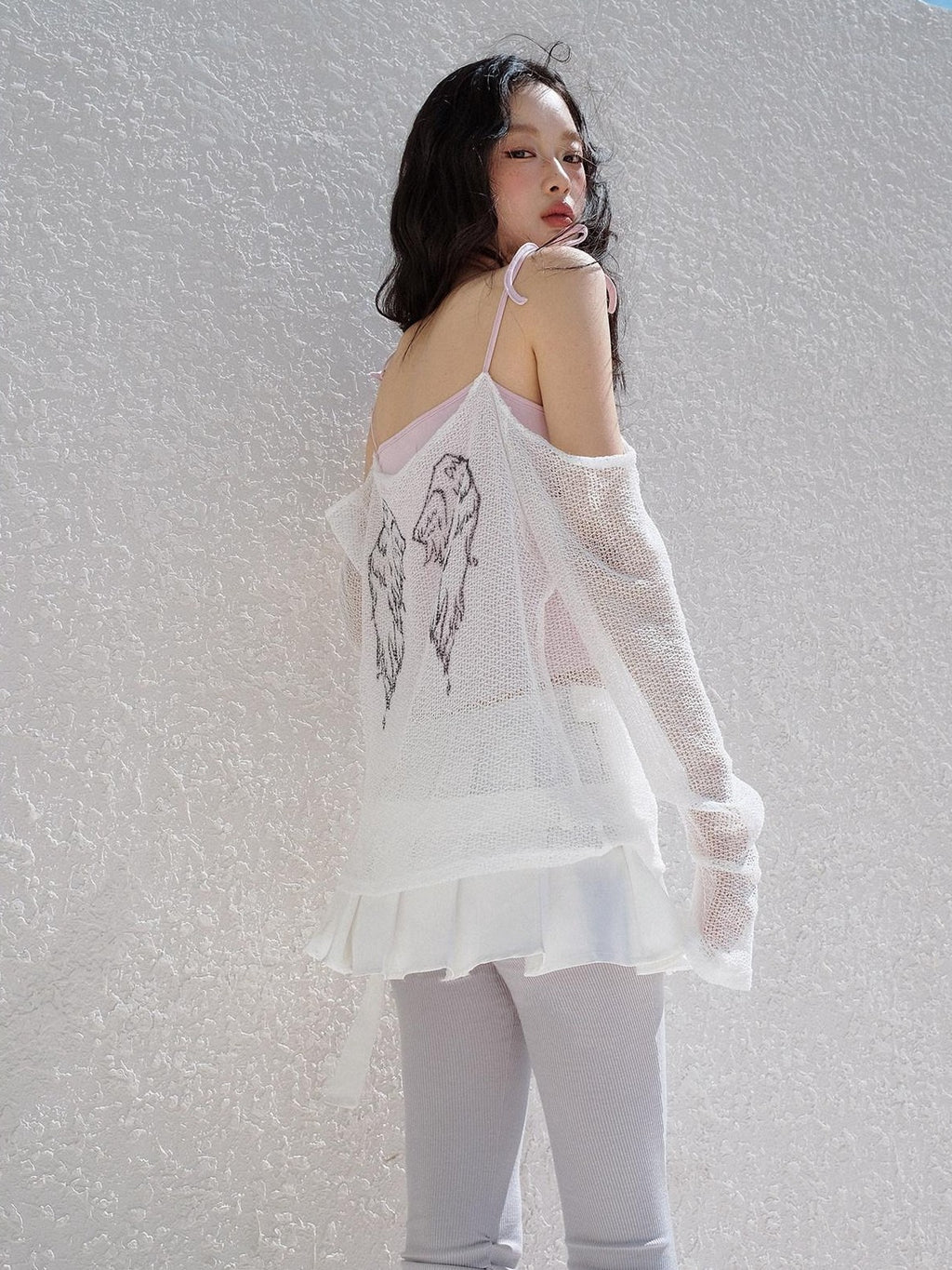 No nuts Cute Wing Mesh Bow Straight Neck Dropped Shoulder Women's Cotton Knit Camisoles