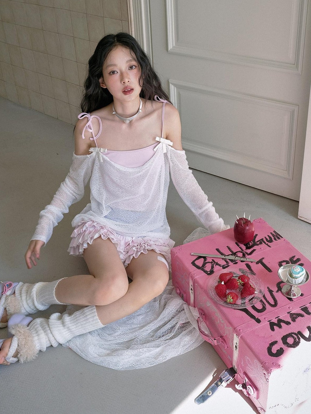 No nuts Cute Wing Mesh Bow Straight Neck Dropped Shoulder Women's Cotton Knit Camisoles