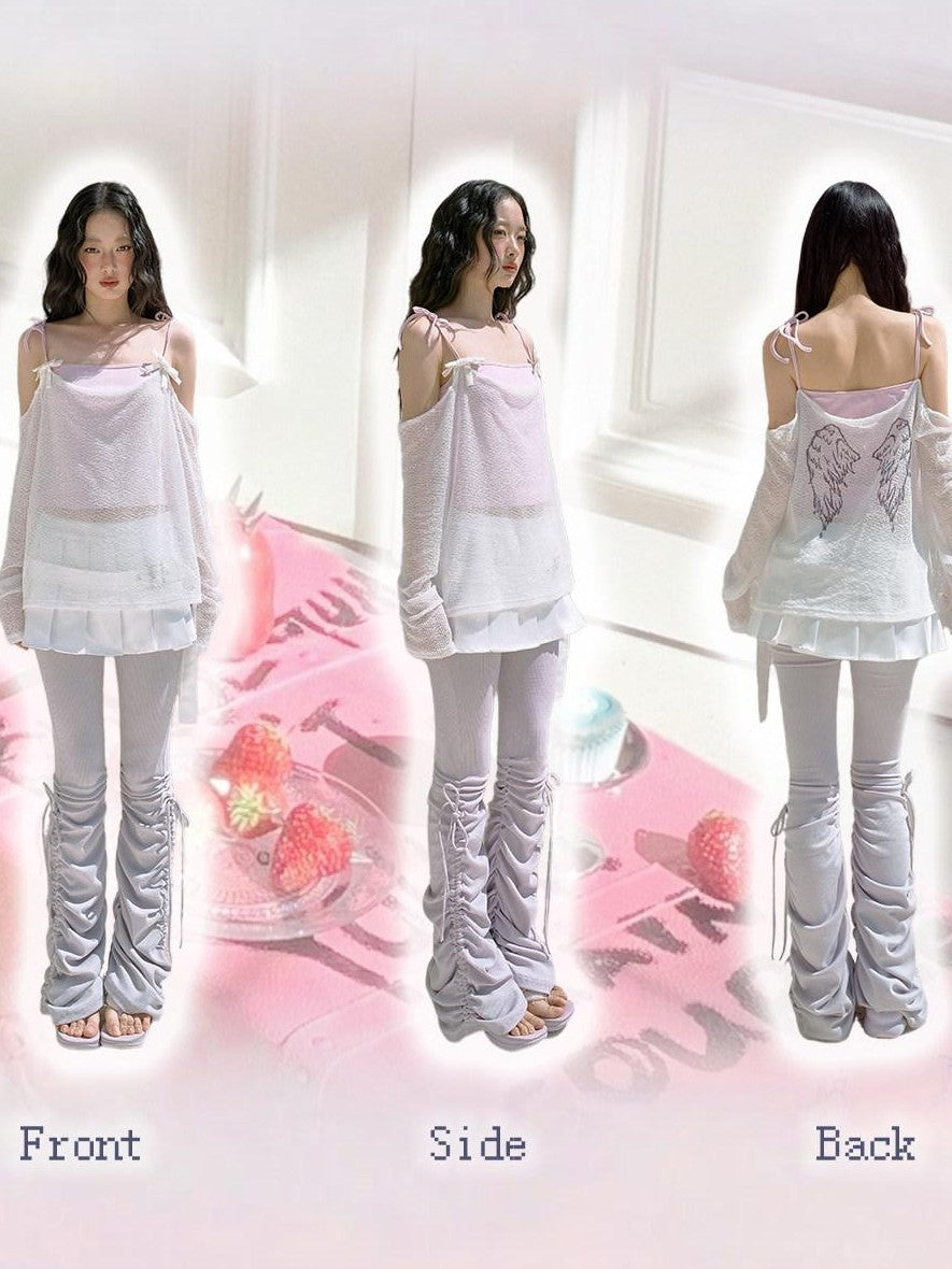 No nuts Cute Wing Mesh Bow Straight Neck Dropped Shoulder Women's Cotton Knit Camisoles