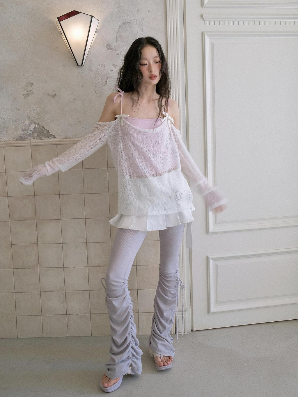 No nuts Cute Wing Mesh Bow Straight Neck Dropped Shoulder Women's Cotton Knit Camisoles