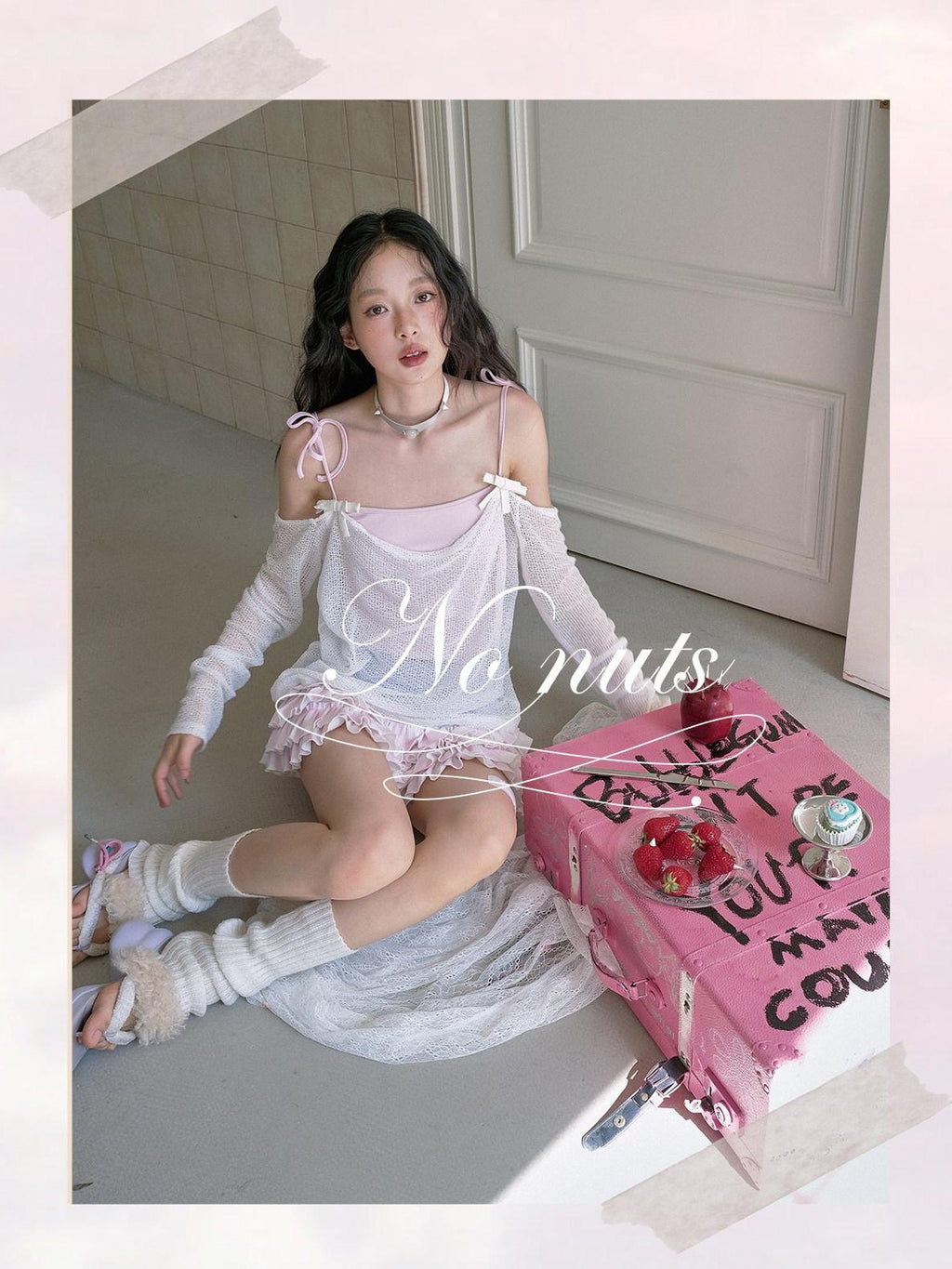 No nuts Cute Wing Mesh Bow Straight Neck Dropped Shoulder Women's Cotton Knit Camisoles