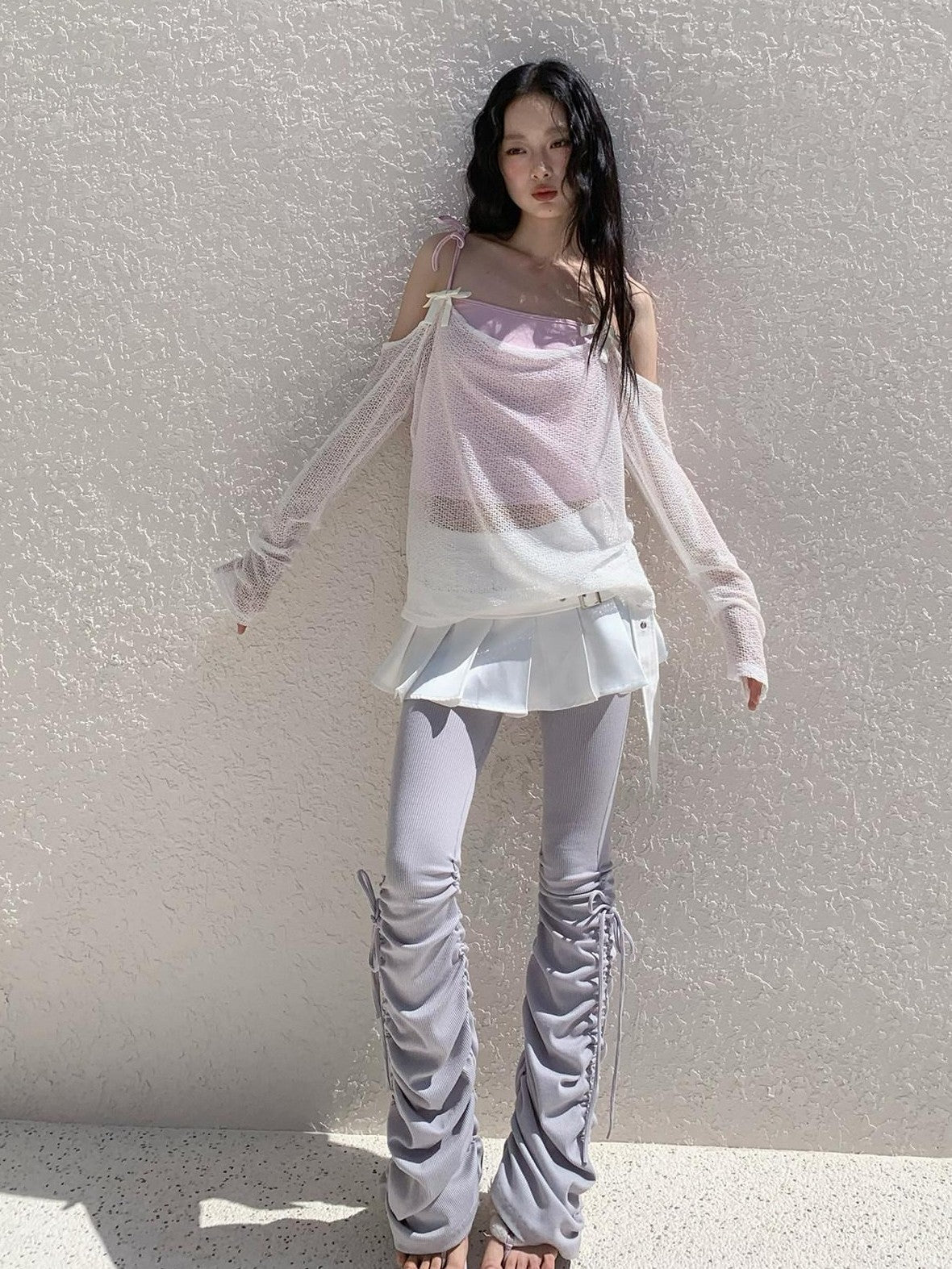 No nuts Cute Wing Mesh Bow Straight Neck Dropped Shoulder Women's Cotton Knit Camisoles
