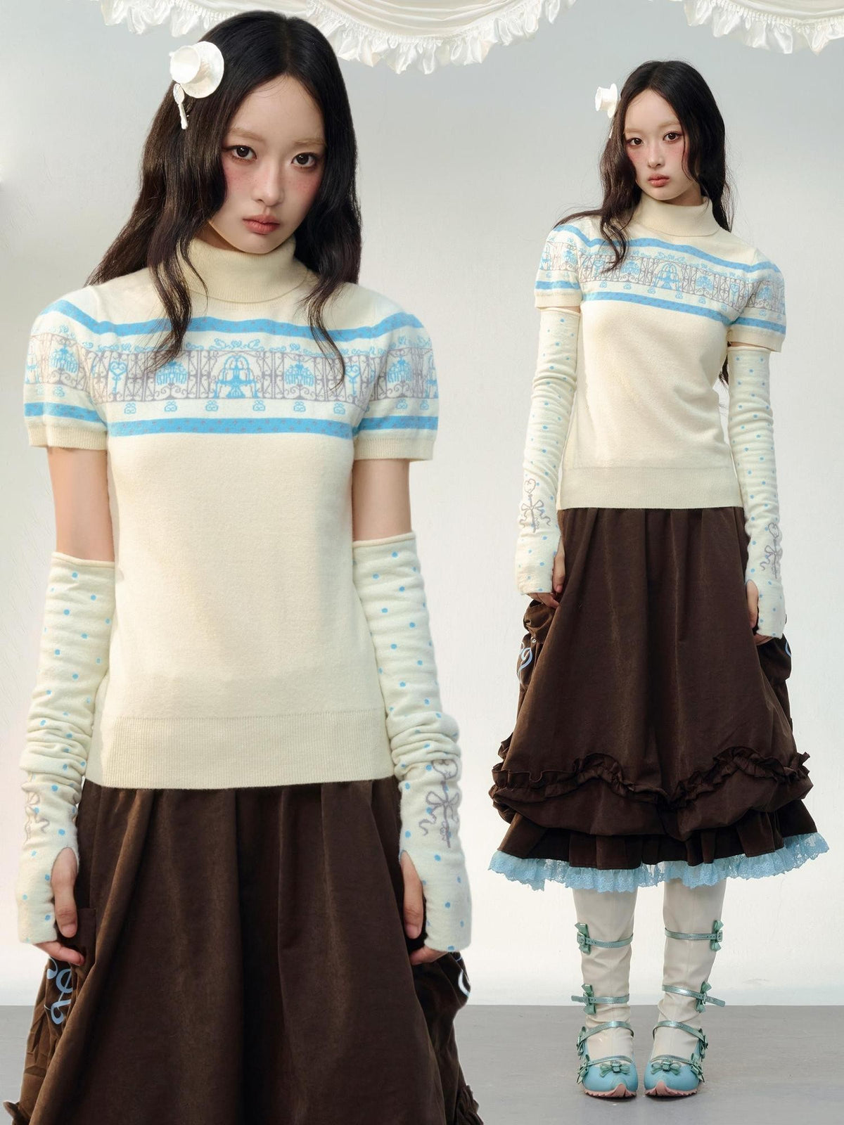 No nuts Fair Isle Jacquard Puff Sleeve Women's Knit Turtleneck Sweaters