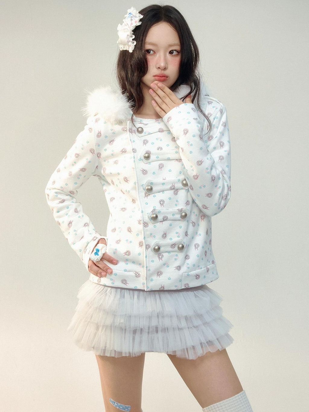No nuts Floral Print Faux Fur Trim Double Breasted Cotton Women's Zip-up Hoodies