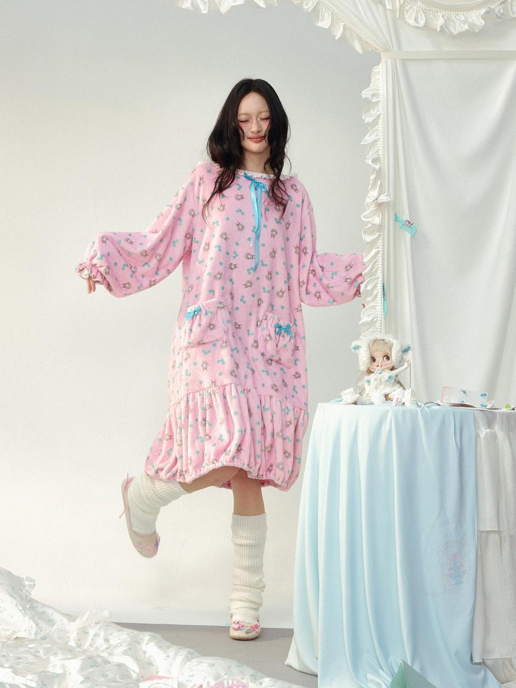 No nuts Floral Print Hooded Ruffle Ribbon Flannel Women's Casual Midi Dresses