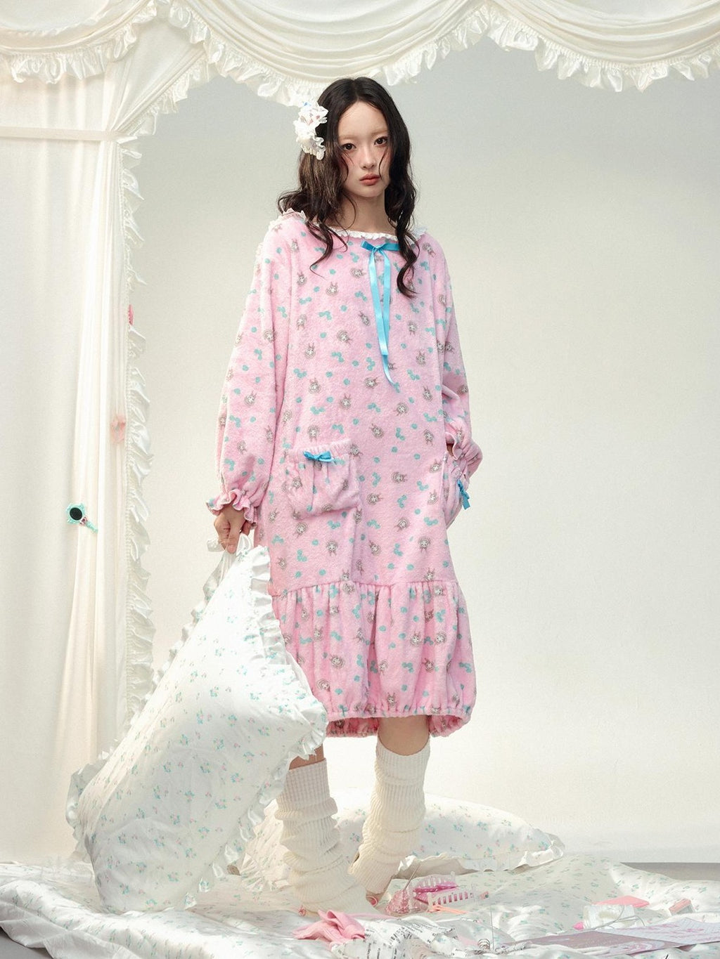 No nuts Floral Print Hooded Ruffle Ribbon Flannel Women's Casual Midi Dresses