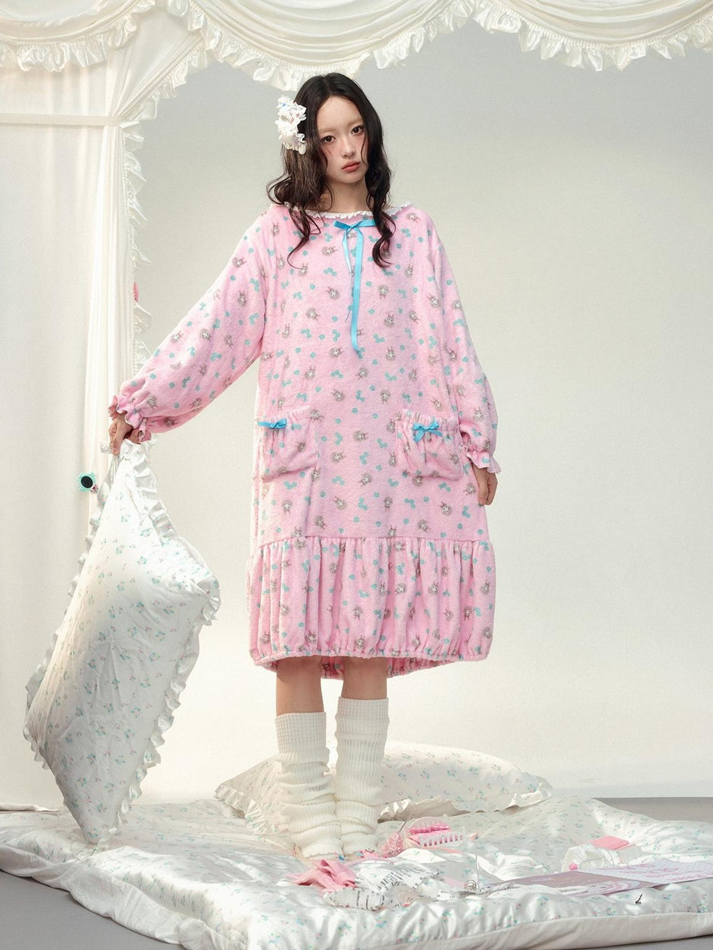 No nuts Floral Print Hooded Ruffle Ribbon Flannel Women's Casual Midi Dresses
