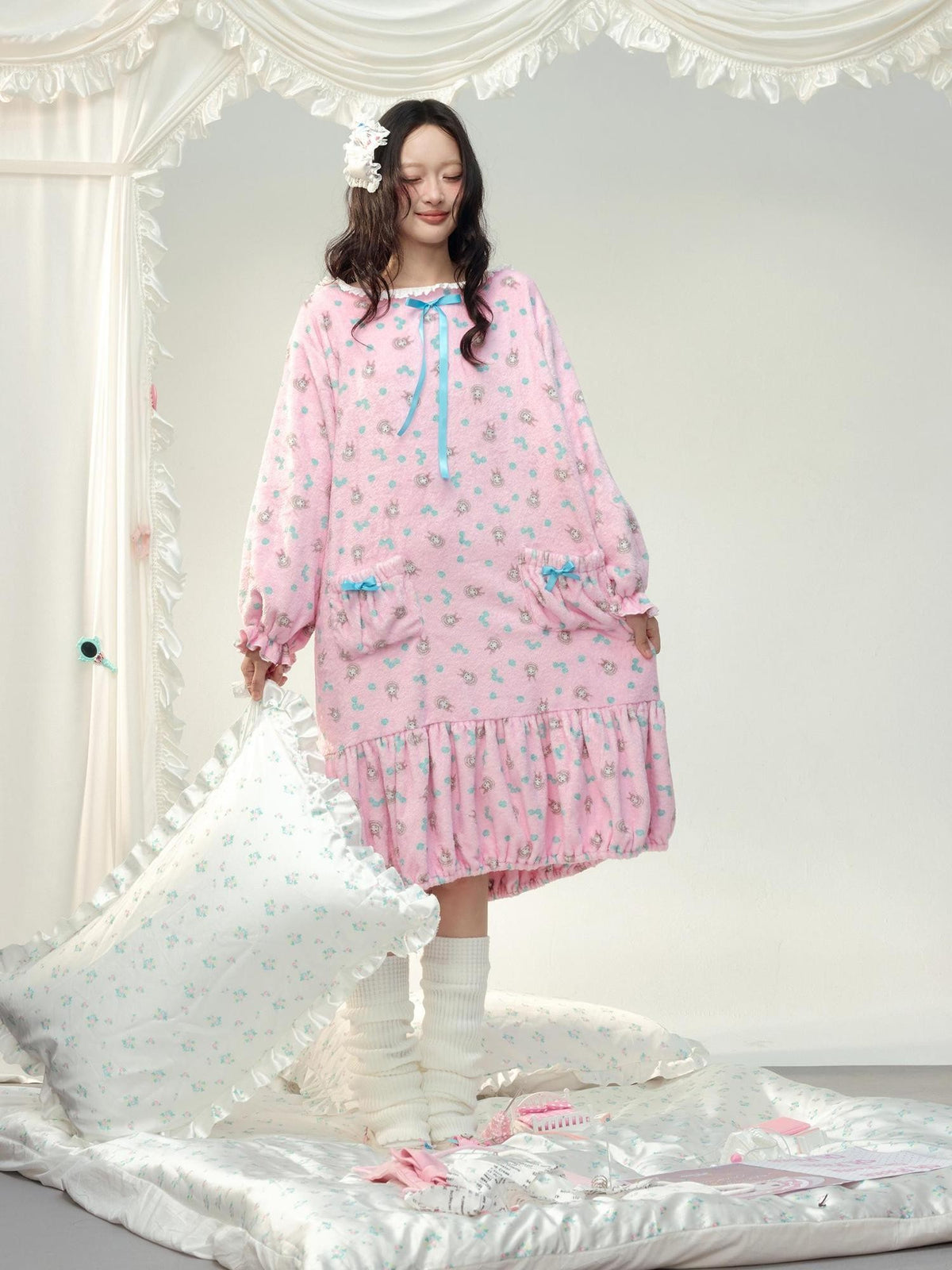 No nuts Floral Print Hooded Ruffle Ribbon Flannel Women's Casual Midi Dresses
