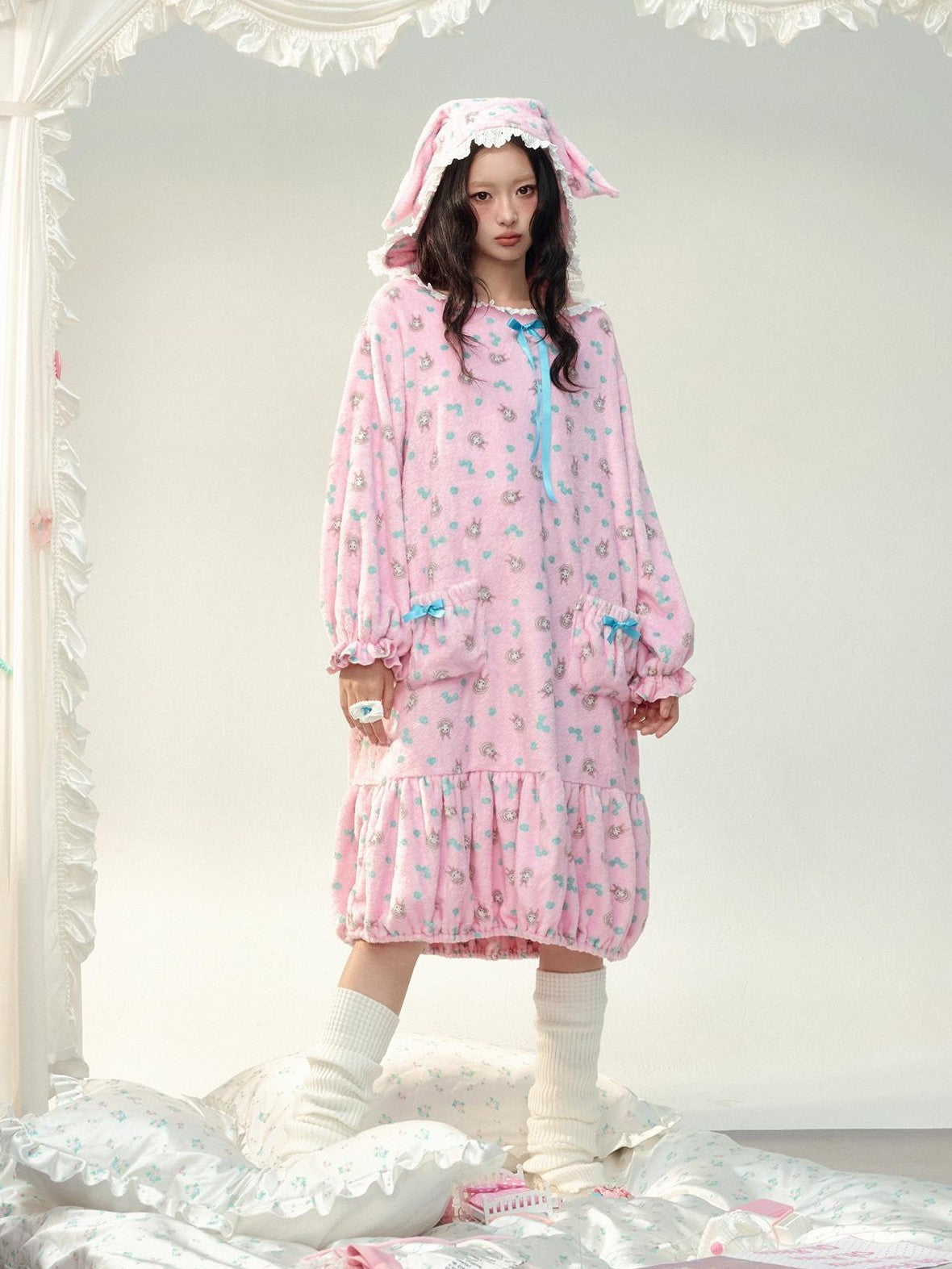 No nuts Floral Print Hooded Ruffle Ribbon Flannel Women's Casual Midi Dresses