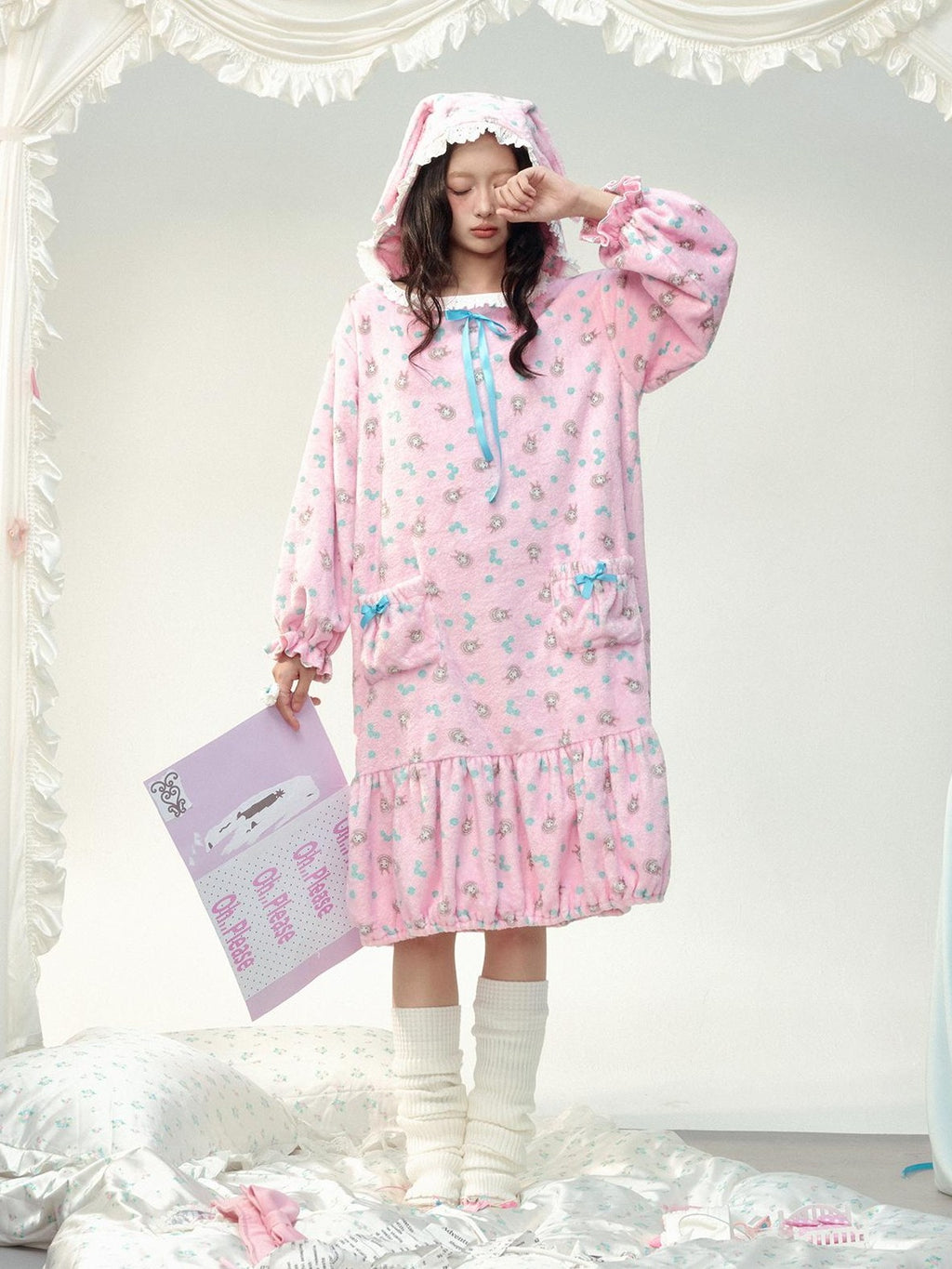 No nuts Floral Print Hooded Ruffle Ribbon Flannel Women's Casual Midi Dresses