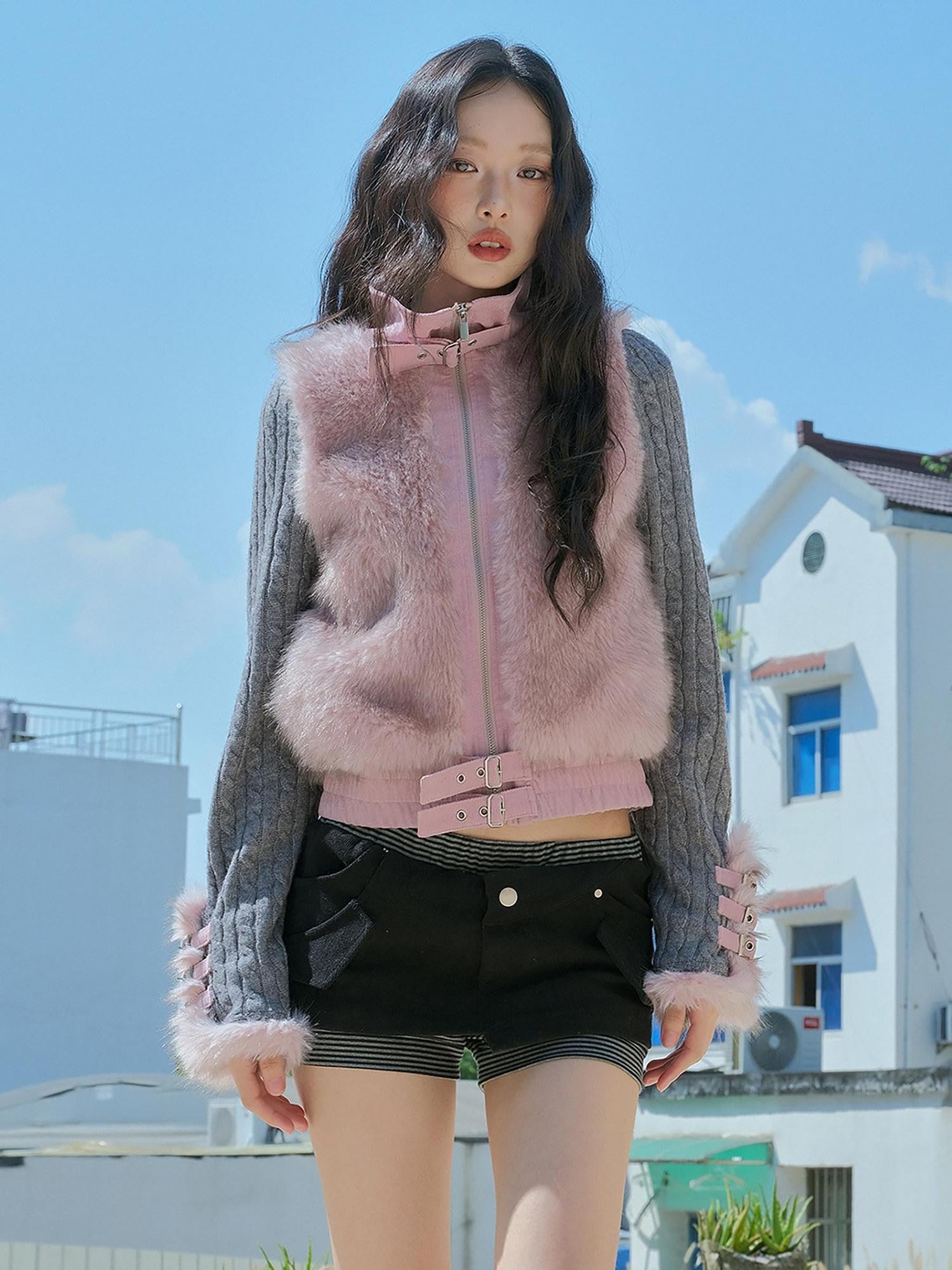 No nuts Gray Pink Patchwork Knit Stand Collar Short Women's Eco Faux Fur Coats