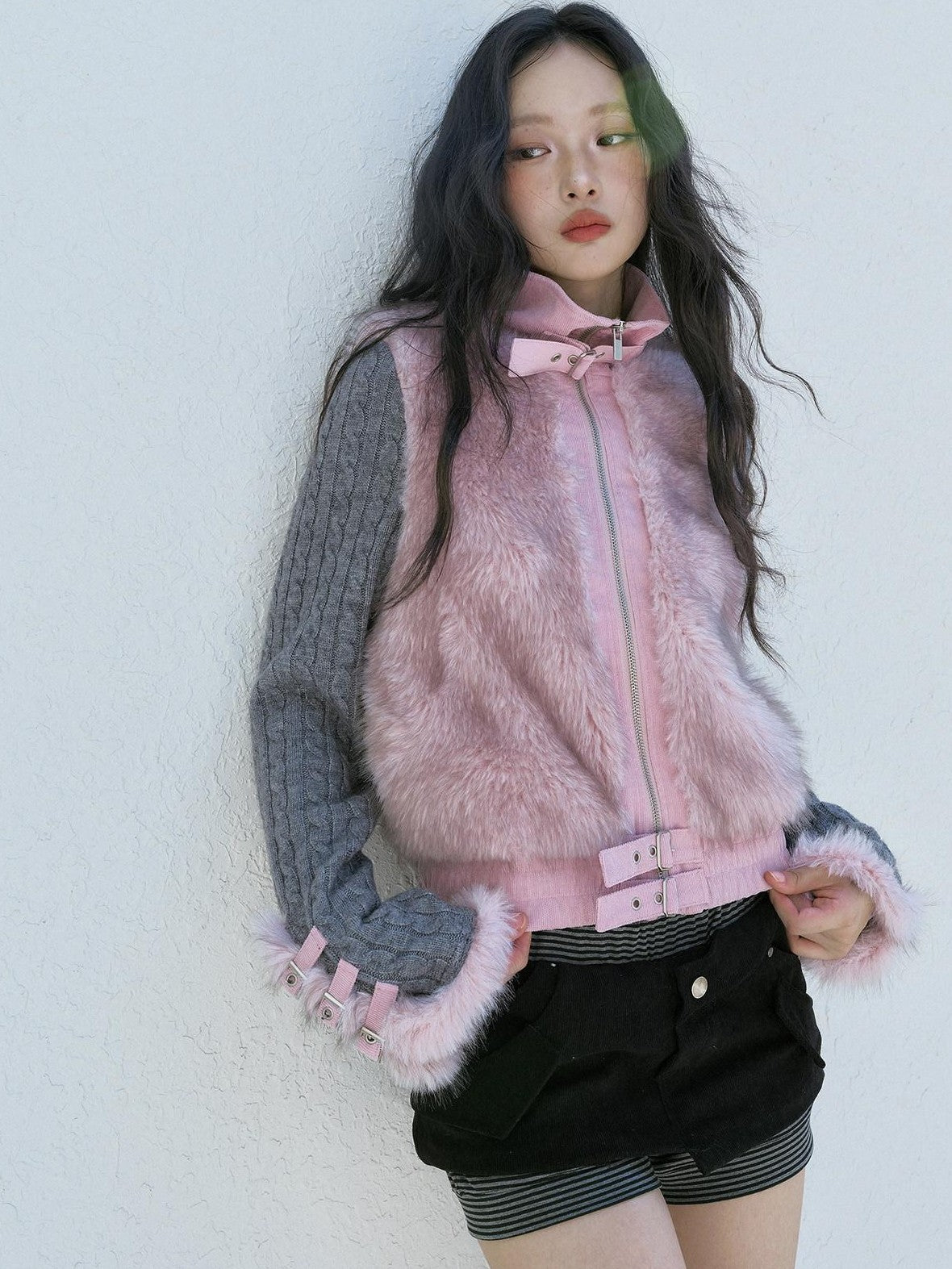 No nuts Gray Pink Patchwork Knit Stand Collar Short Women's Eco Faux Fur Coats