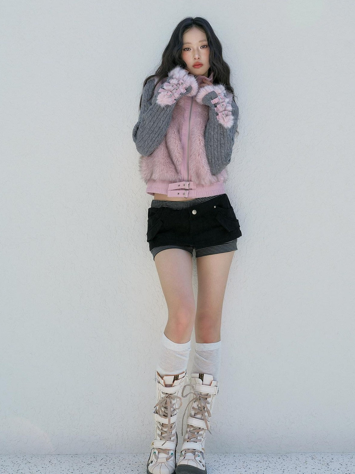 No nuts Gray Pink Patchwork Knit Stand Collar Short Women's Eco Faux Fur Coats