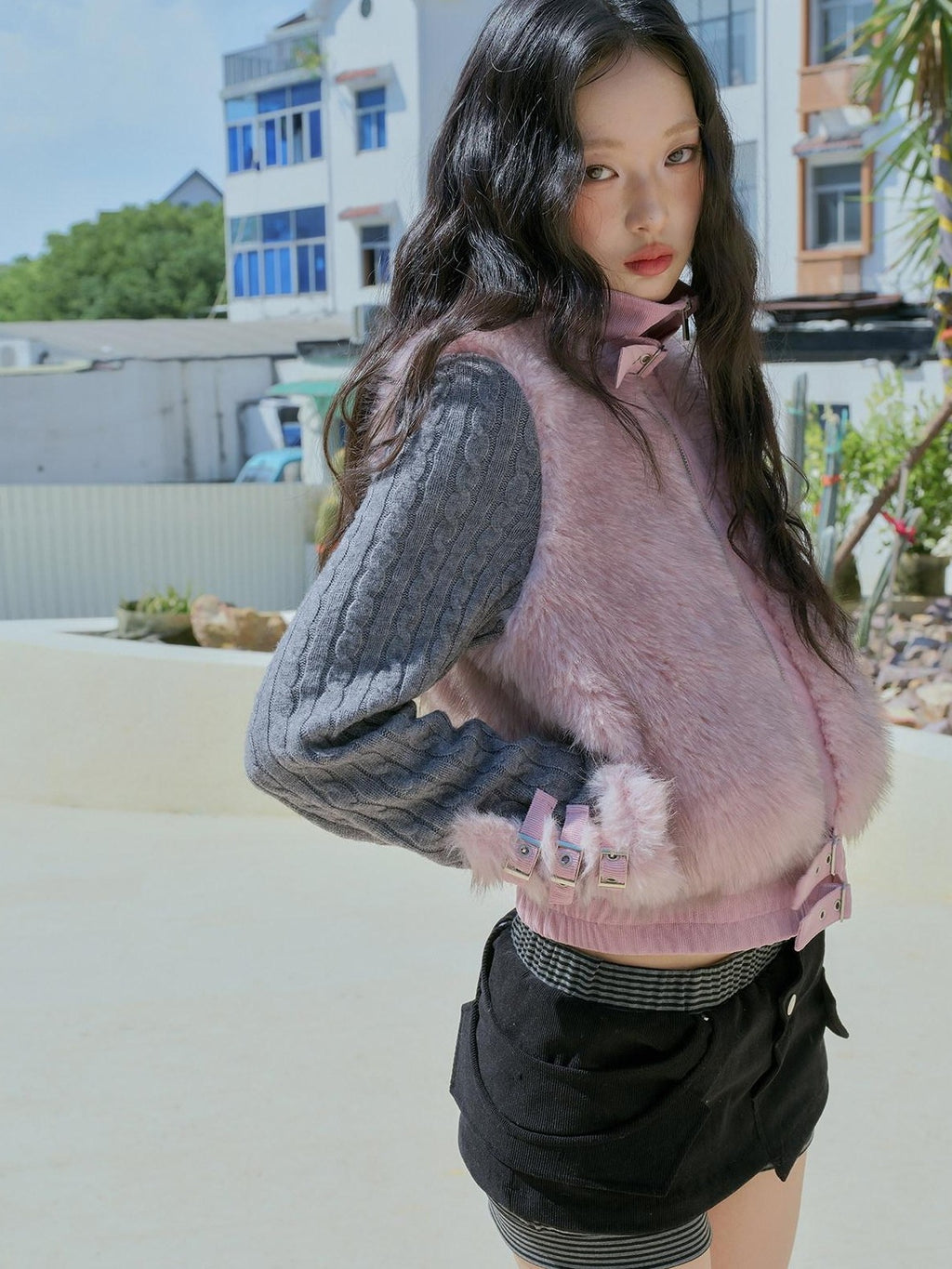 No nuts Gray Pink Patchwork Knit Stand Collar Short Women's Eco Faux Fur Coats