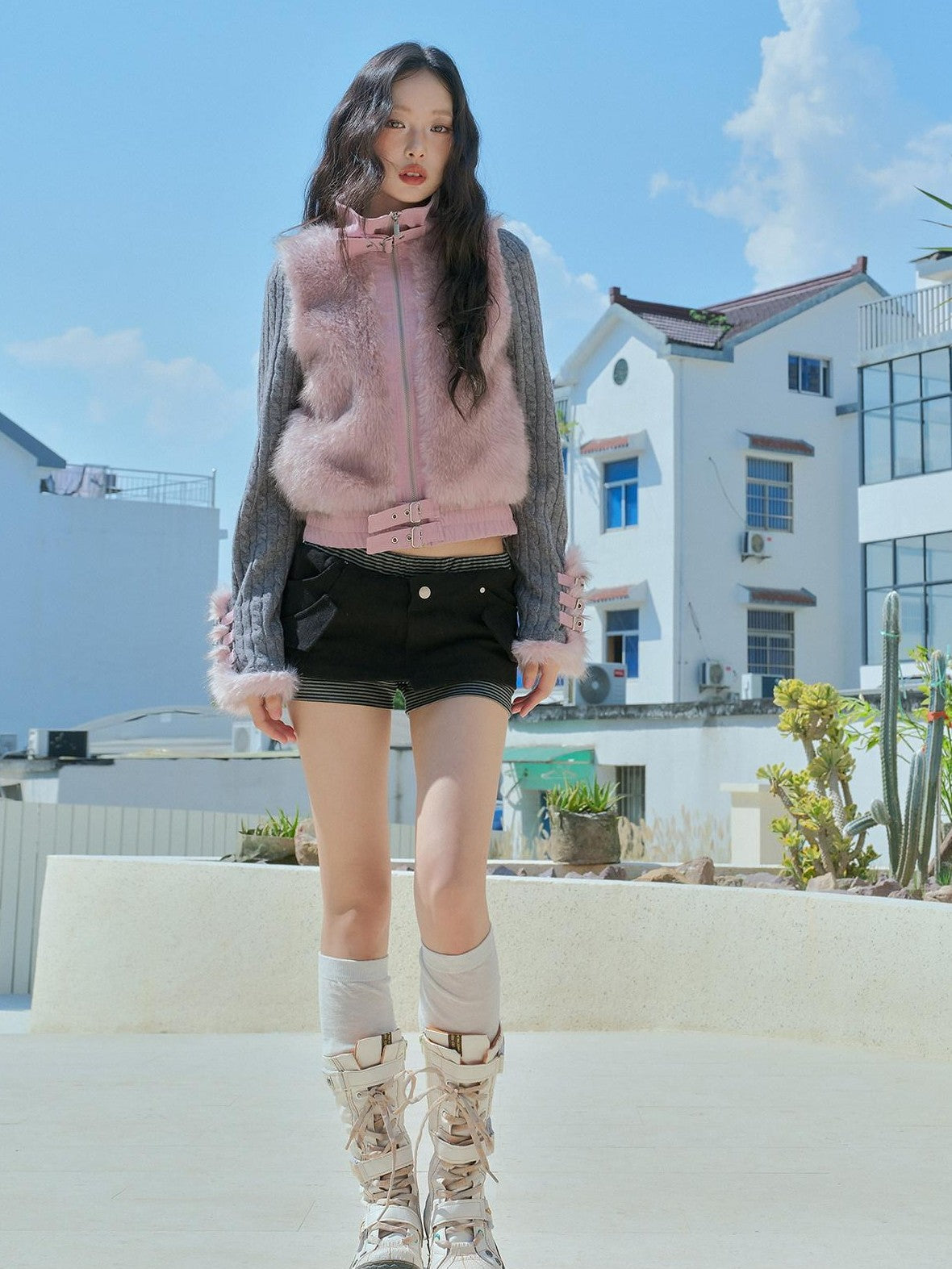 No nuts Gray Pink Patchwork Knit Stand Collar Short Women's Eco Faux Fur Coats