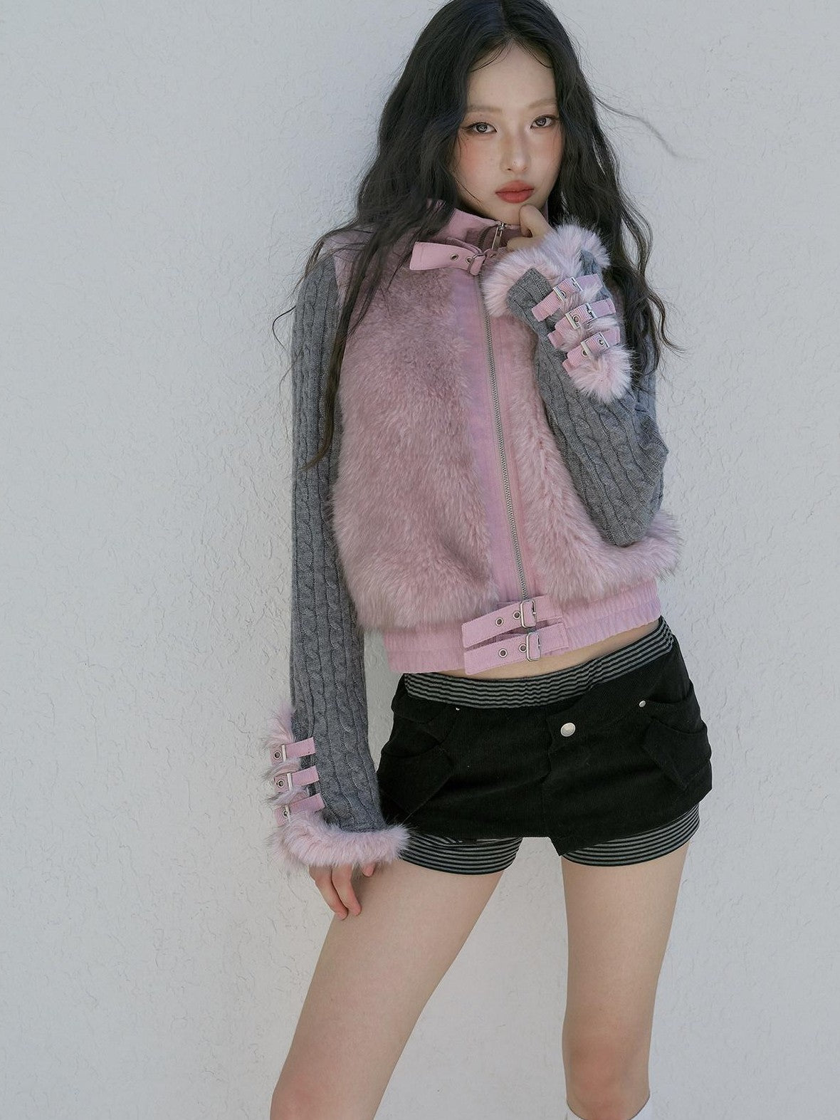 No nuts Gray Pink Patchwork Knit Stand Collar Short Women's Eco Faux Fur Coats