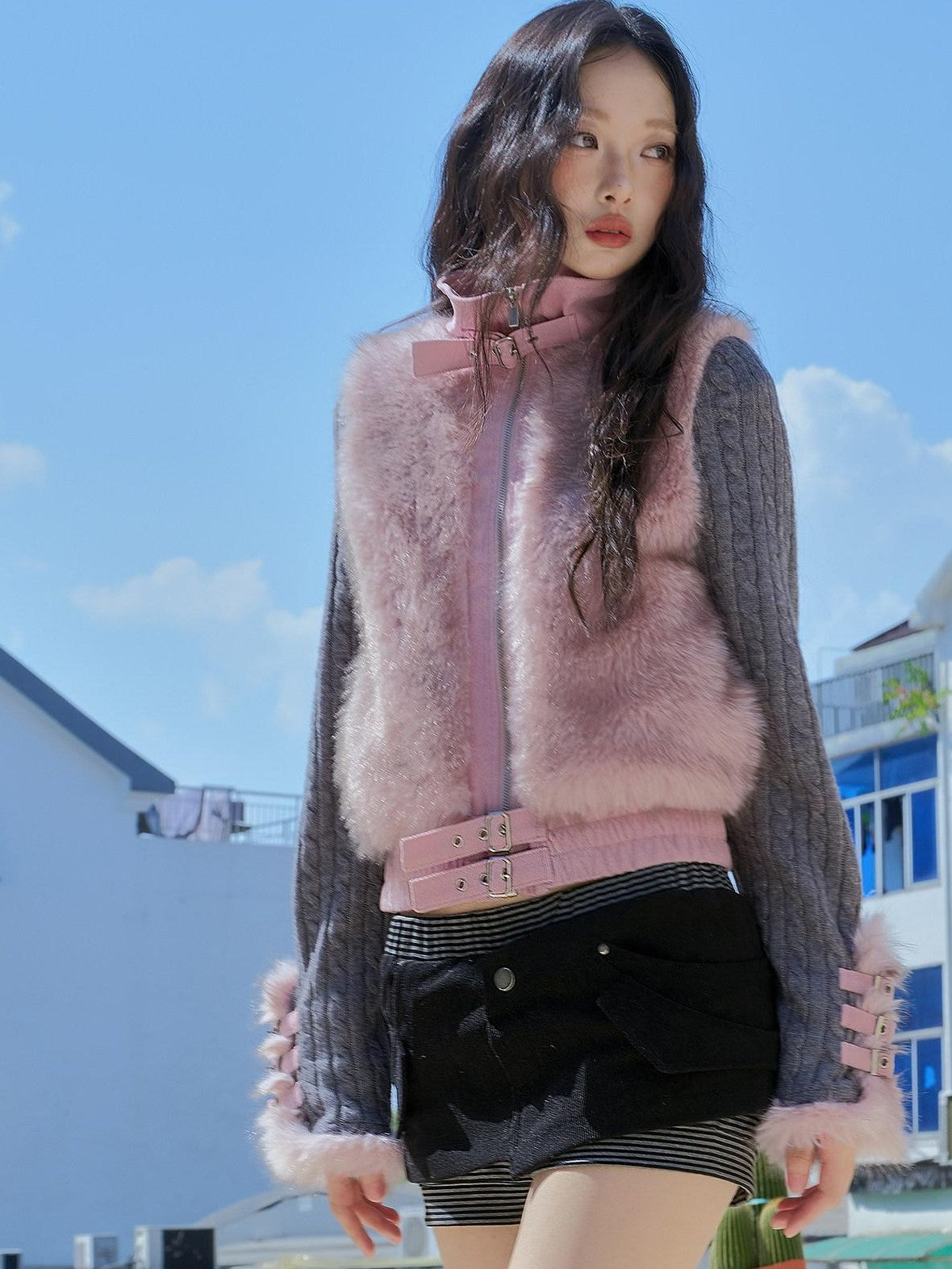 No nuts Gray Pink Patchwork Knit Stand Collar Short Women's Eco Faux Fur Coats