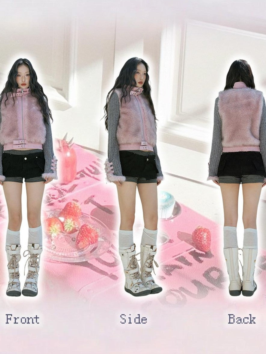 No nuts Gray Pink Patchwork Knit Stand Collar Short Women's Eco Faux Fur Coats