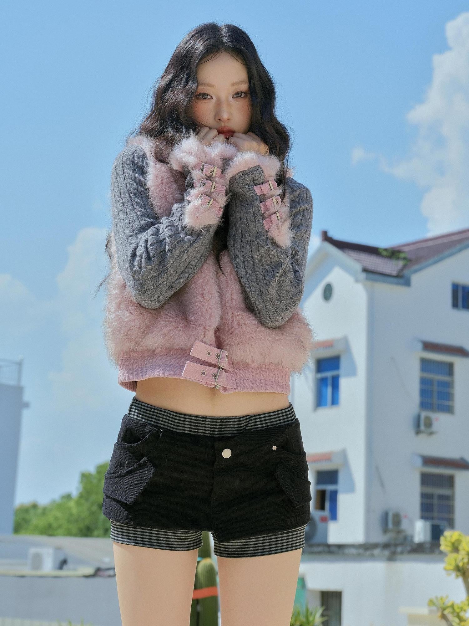No nuts Gray Pink Patchwork Knit Stand Collar Short Women's Eco Faux Fur Coats